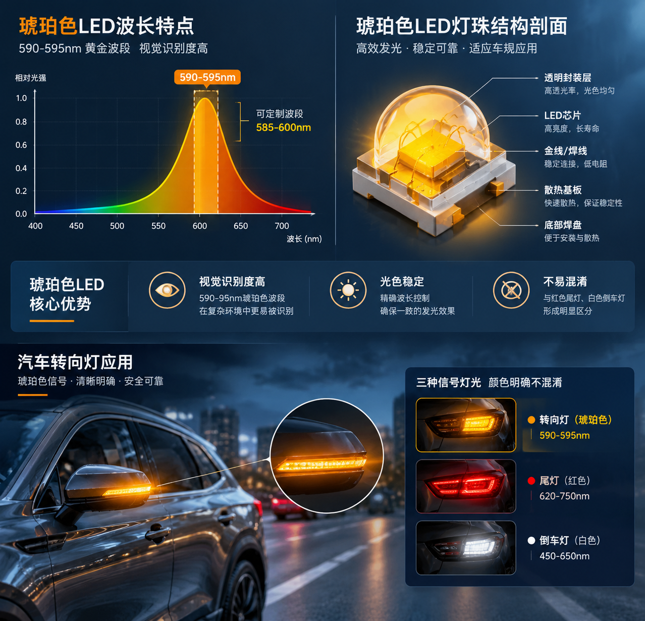 琥珀色LED灯珠波长与汽车应用技术解析图，中心展示590-595nm波长区间及可定制585-600nm波段，光谱示意图与LED灯珠结构剖面结合汽车转向灯场景，横版科技信息图