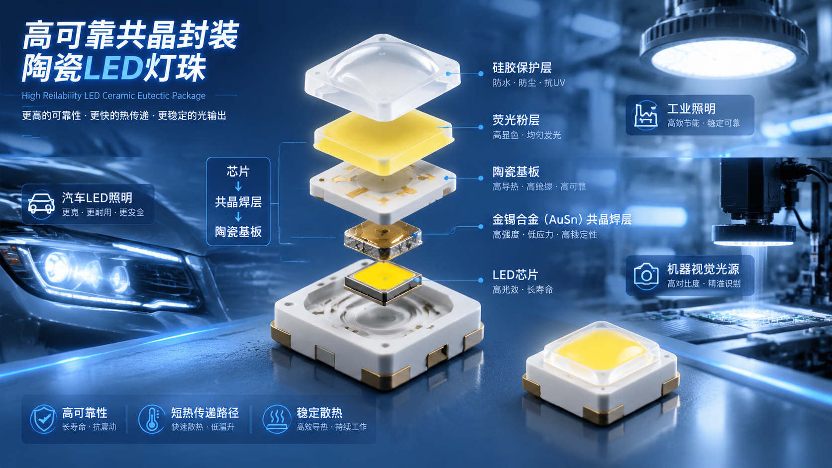 横版科技工业风构图,作为文章开篇主题图,展示一颗高可靠共晶封装陶瓷LED灯珠的微观结构与实物结合场景。画面中央是一颗拆解状态的陶瓷灯珠,依次展示LED芯片、金锡合金(AuSn)共晶焊接层、陶瓷基板、荧光粉层和硅胶保护层的层级结构,旁边用简洁科技标注线体现“芯片→共晶焊层→陶瓷基板”的连接方式。背景加入汽车LED照明、工业照明设备、机器视觉光源等应用场景的虚化元素,突出高可靠LED光源、短热传递路径和稳定散热特点。整体采用高清产品摄影结合3D工业剖面渲染风格,蓝白冷色科技光效,横版比例