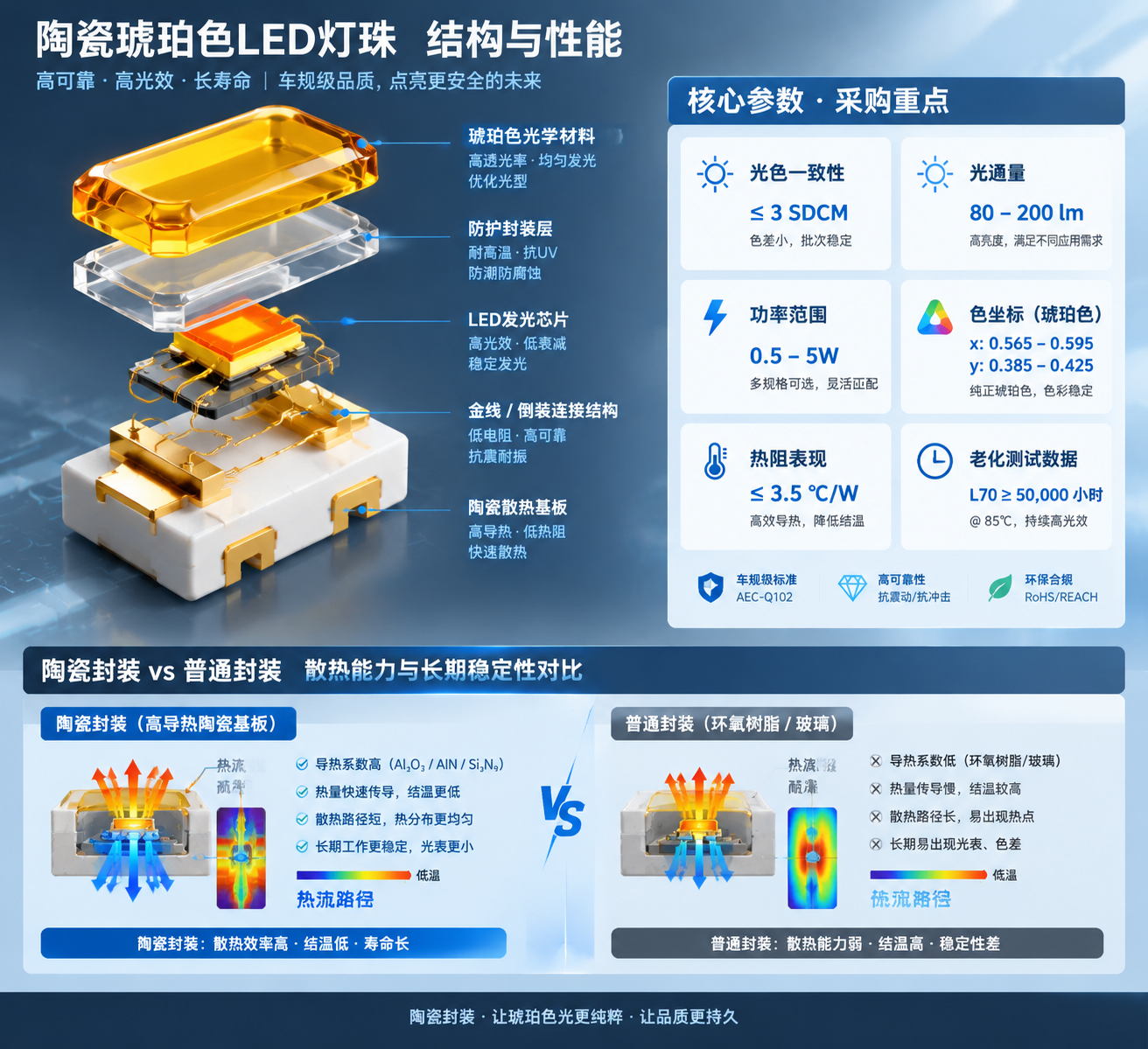 陶瓷琥珀色LED灯珠结构组成与散热性能技术示意图