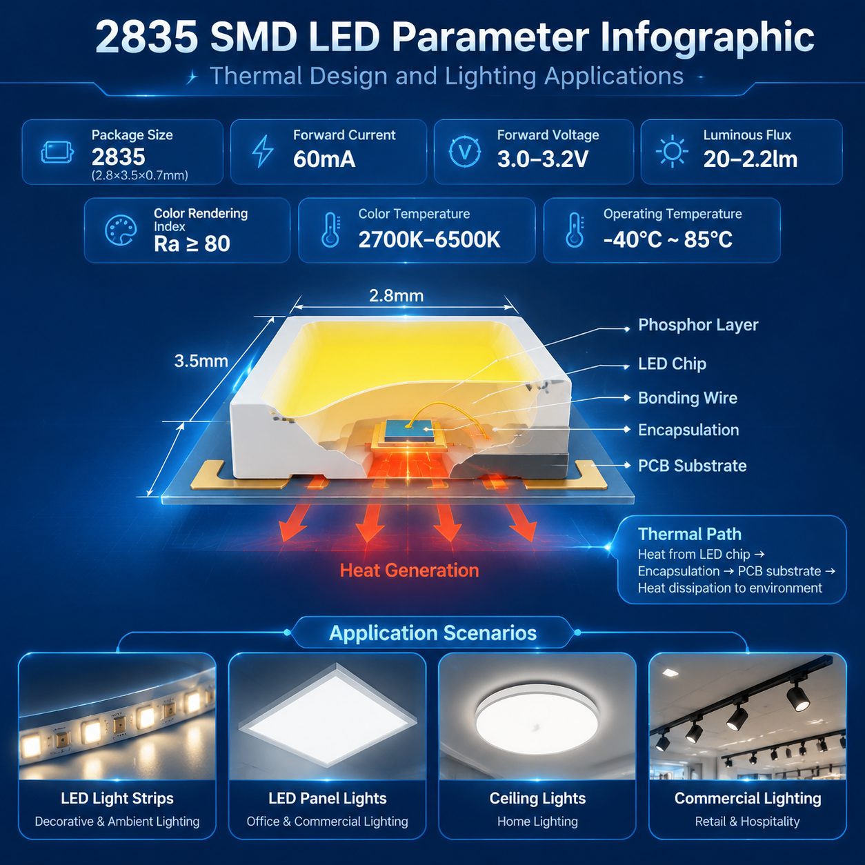 2835 SMD LED封装结构剖面示意图,标注封装尺寸2835、工作电流60mA、正向电压3.0-3.2V、光通量20-22lm、显色指数Ra≥80、色温2700K-6500K、工作温度-40℃~85℃等关键参数,下方连接LED灯带、面板灯、吸顶灯和商业照明应用示意,加入散热路径箭头,专业半实物信息图风格蓝白科技色调