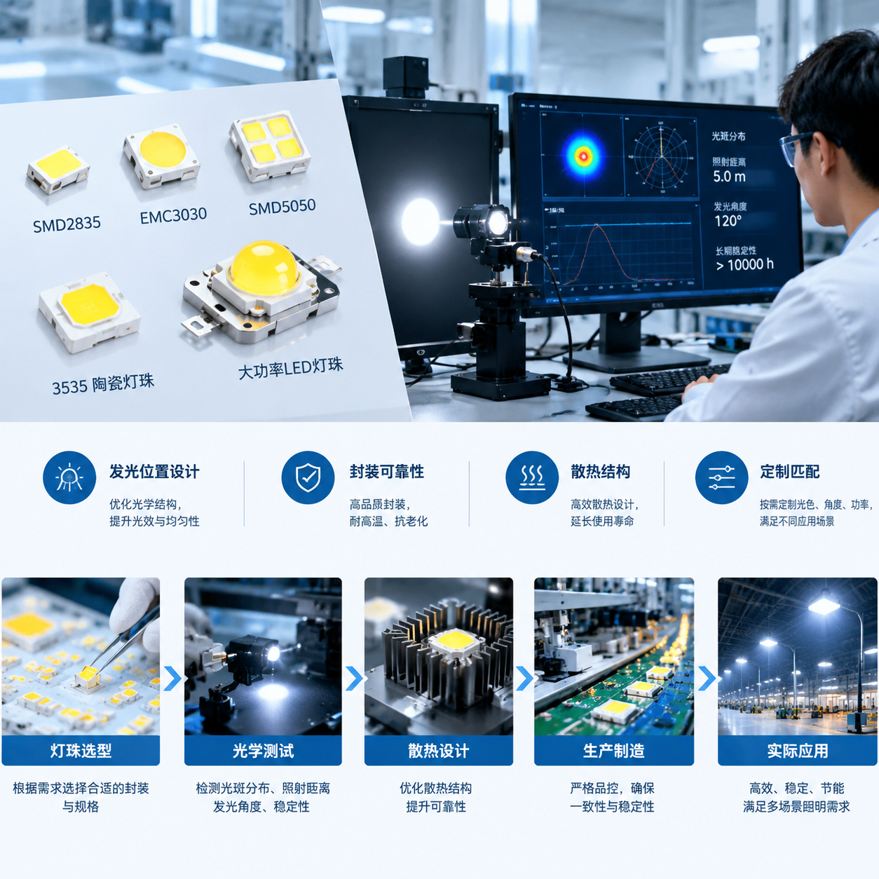 横版产品应用场景图展示防散光LED灯珠选型与实际应用价值画面以现代LED生产和应用场景为背景一侧展示不同封装形式的LED灯珠样品包括SMD2835 EMC3030 SMD5050 3535陶瓷灯珠以及大功率LED灯珠的分类展示另一侧展示工程人员进行光学测试通过仪器检测光斑分布照射距离发光角度和长期工作稳定性