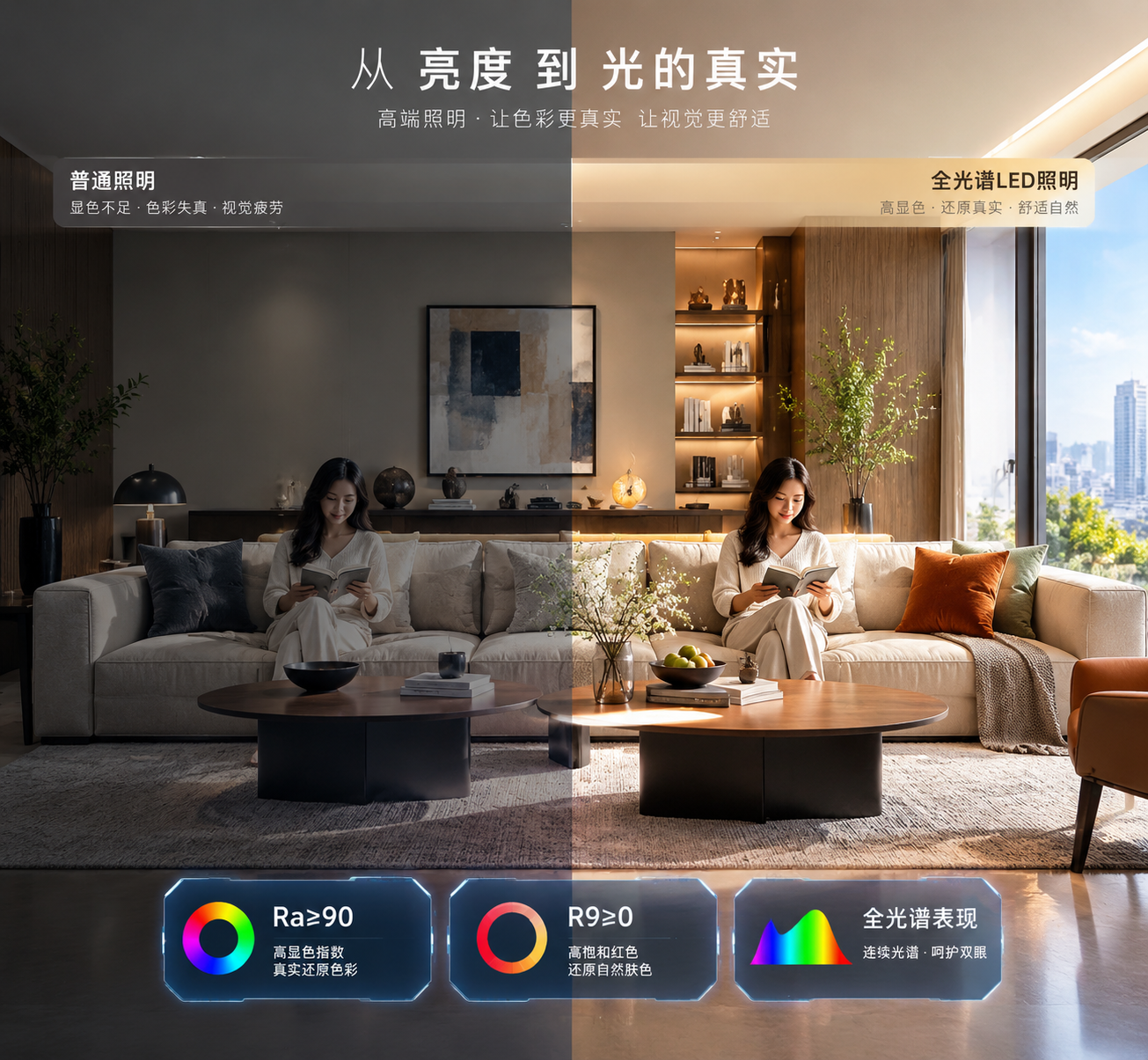 高端照明开篇对比:左侧普通低显色灯光下灰暗家居、织物与肤色,右侧高显色全光谱LED下木质纹理、艺术品与人物肤色真实自然,数据牌显示Ra≥90、R9≥0、全光谱表现,横版高端室内摄影风格