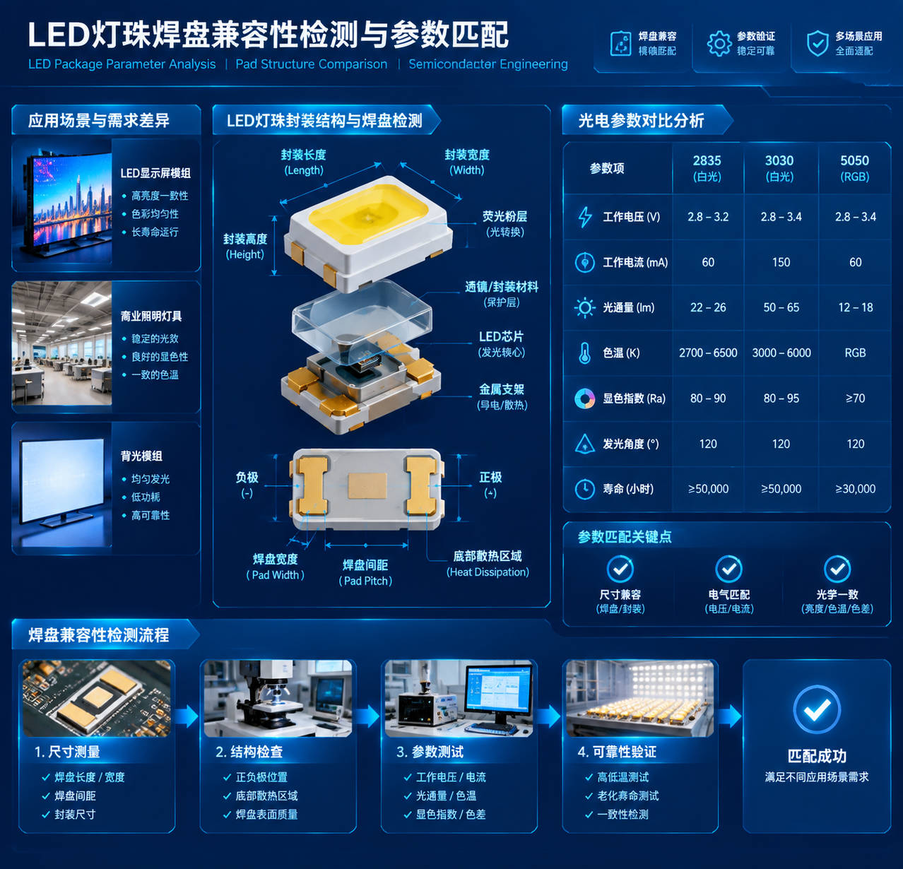 LED灯珠焊盘兼容性检测与参数匹配技术示意图:中心封装结构拆解图展示焊盘尺寸、间距、正负极、散热区域与电子检测表格对比,右侧应用场景缩略图,蓝色科技界面感,横版专业半导体工程分析风格