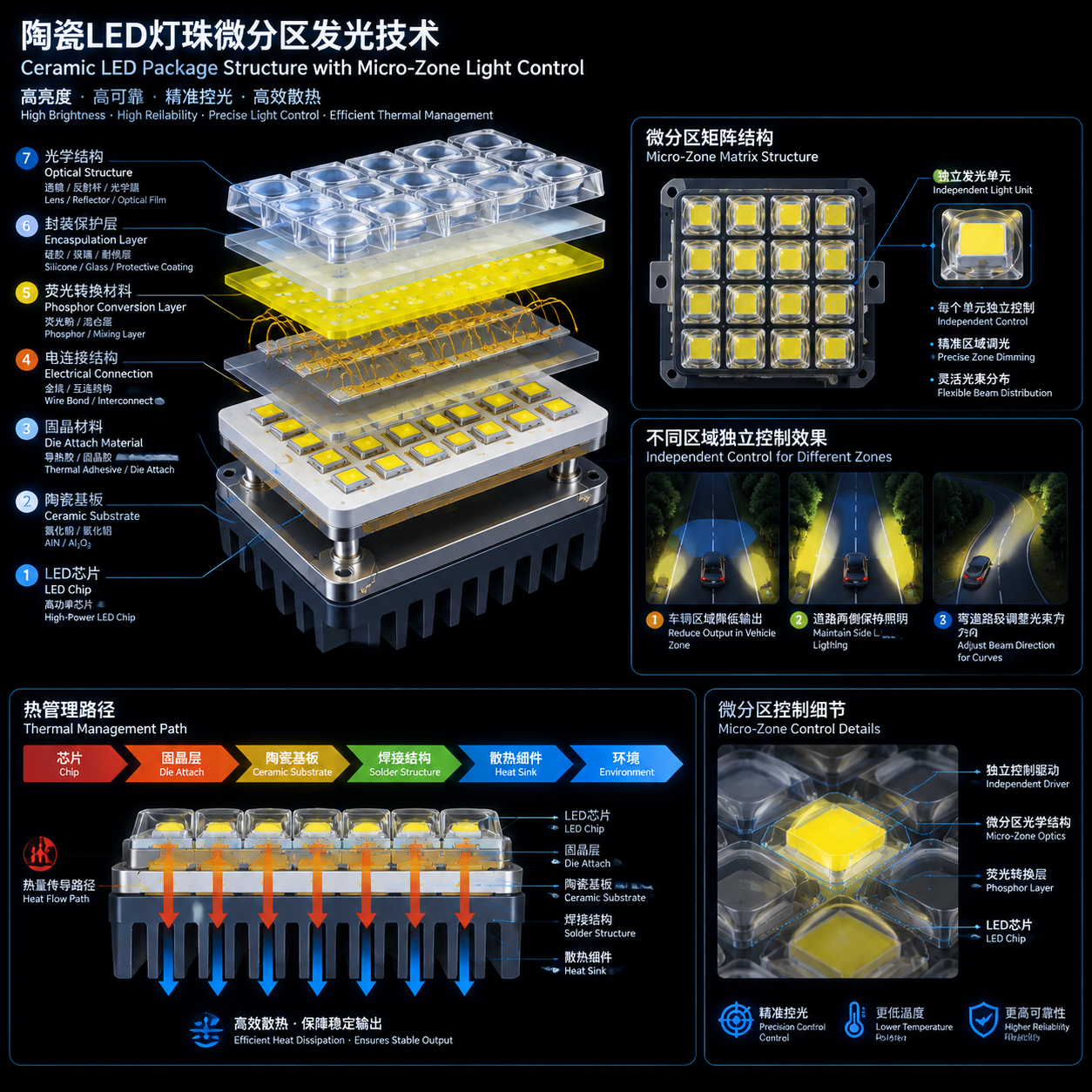 高功率陶瓷LED灯珠阵列微分区发光结构与工作原理示意图，分层剖面展示LED芯片、陶瓷基板、固晶材料、电连接结构、荧光转换材料、封装保护层以及光学结构，同时表现多个独立发光单元组成矩阵，热管理路径箭头清晰展示芯片到陶瓷基板到散热组件的流程，不同区域独立控制效果例如车辆区域降低输出道路两侧保持照明弯道路段调整光束方向。整体风格为高精度汽车光电工程信息图，黑色背景搭配精密结构线稿与真实元件质感，横版16:9比例。