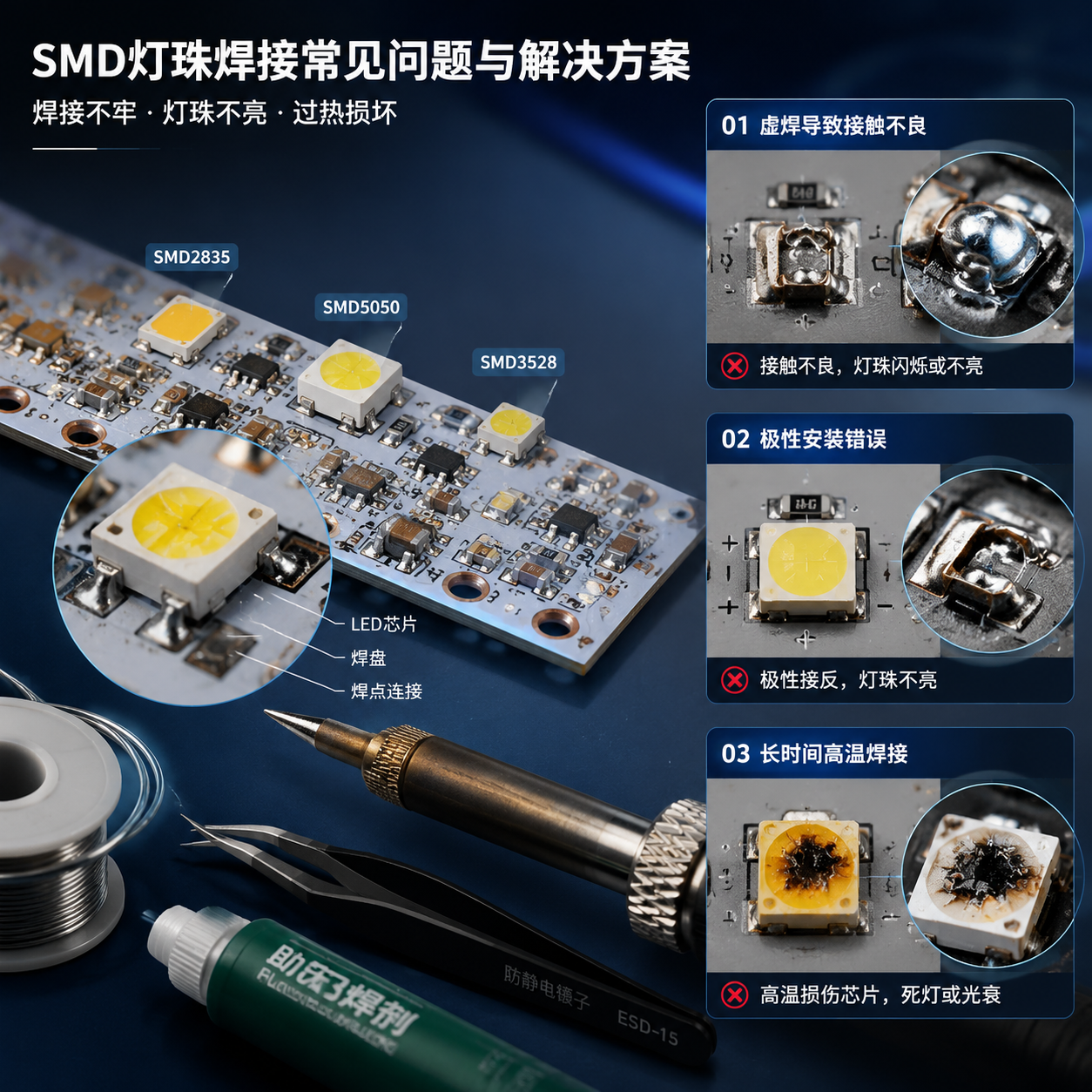 SMD灯珠焊接解决焊接不牢、灯珠不亮、过热损坏等核心问题。画面左侧展示一块带有SMD2835、SMD5050、SMD3528小型LED灯珠的PCB线路板,局部放大显示灯珠芯片、焊盘和焊点连接结构;右侧通过三个对比区域展示典型故障:虚焊导致接触不良、极性安装错误导致灯珠不亮、长时间高温焊接造成芯片损伤。加入恒温烙铁、焊锡、助焊剂、防静电镊子等焊接工具元素,突出精密电子维修环境,采用高清工业摄影结合微观电路细节风格,横向构图,适合文章开篇吸引读者。English note: SMD LED soldering troubleshooting overview, PCB close-up, industrial technology illustration, horizontal layout.
