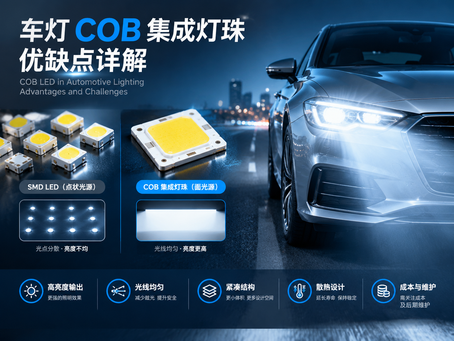 横版汽车照明技术主题视觉图,放置于文章开篇位置,突出“车灯 COB 集成灯珠优缺点详解”的核心主题。画面左侧展示传统 SMD LED 点状光源与 COB 集成灯珠面光源的对比,右侧展示一辆现代汽车夜间开启 LED 前大灯的真实场景,灯光呈现均匀明亮的照射效果。中间加入简洁的技术信息视觉元素,包括“高亮度输出”“光线均匀”“紧凑结构”“散热设计”“成本与维护”五个关键词图标化展示,体现 COB 在汽车照明中的优势与需要关注的问题。整体采用科技工业摄影风格,真实汽车灯具质感,蓝白色冷光环境,高精度细节,适合公众号横版头图布局。