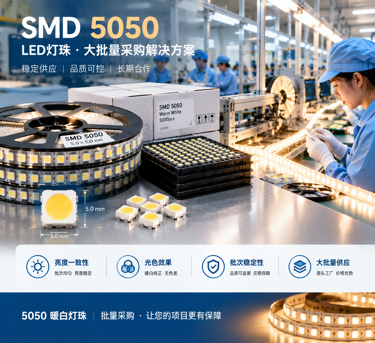 横版工业科技风实拍场景，左侧展示整齐排列的SMD 5050 LED灯珠卷盘、包装盒和批量物料托盘，突出5.0×5.0mm封装尺寸特点，右侧展示LED灯带生产车间场景，工人正在进行灯带生产与品质检查，背景有柔和暖白色灯光效果，专业LED供应链和批量采购解决方案氛围