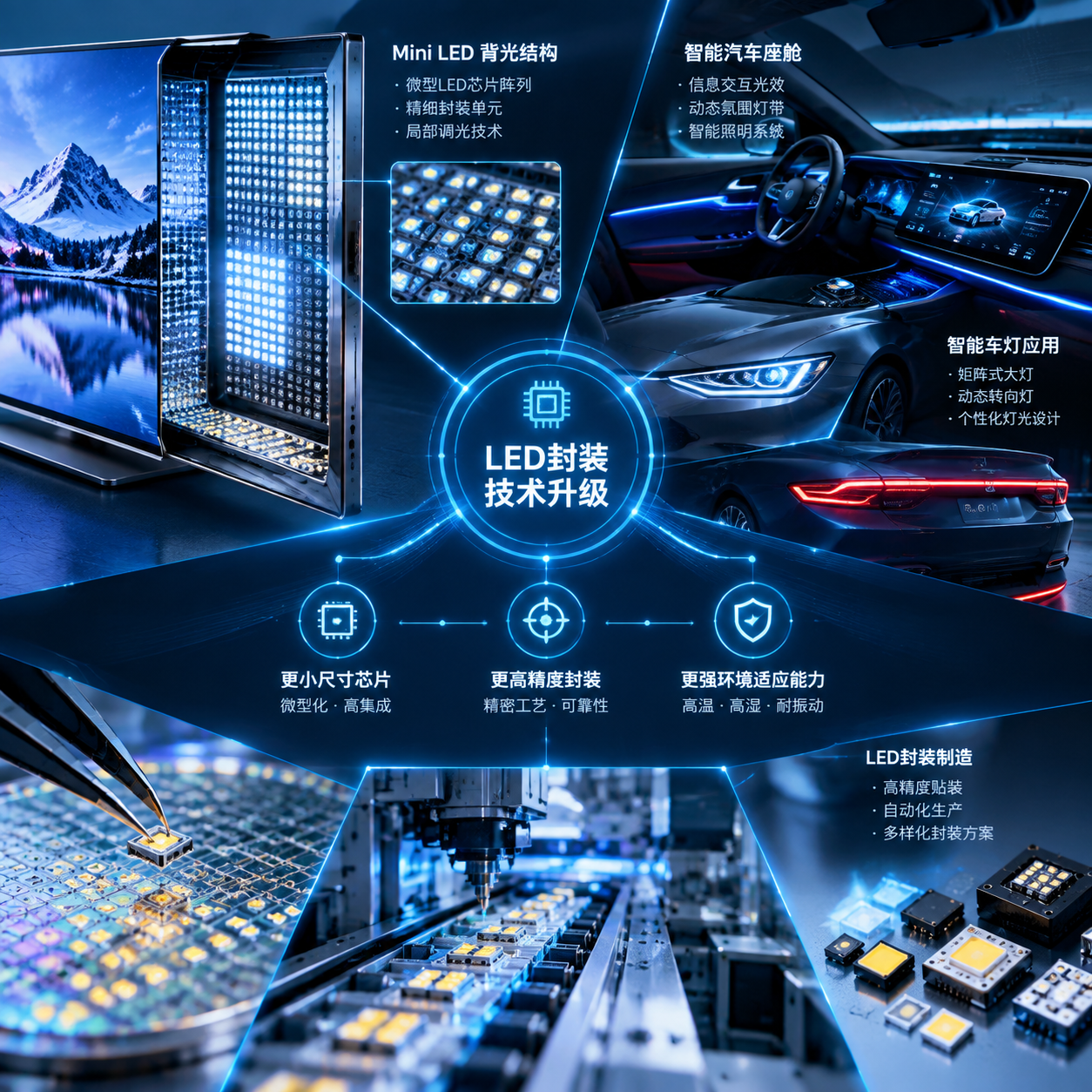 横版科技产业主题视觉,展示Mini LED背光结构与智能汽车座舱车灯应用场景,中间连接LED封装制造流程,突出更小尺寸芯片、高精度封装、更强环境适应能力三大技术方向