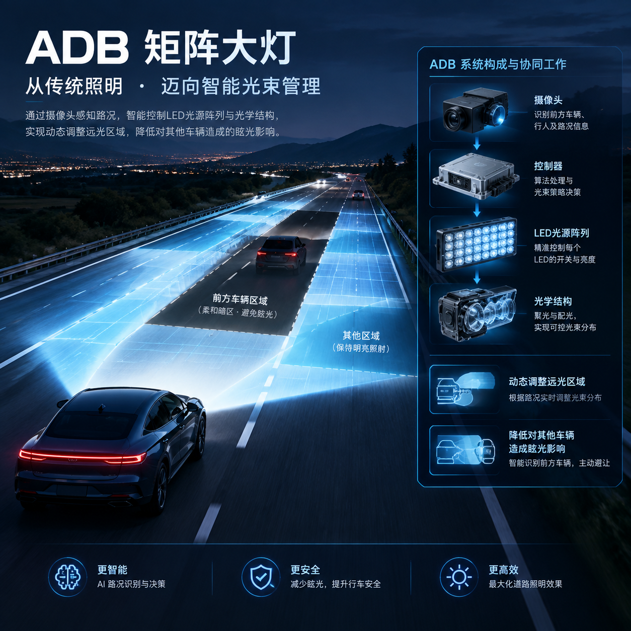 夜晚高速公路驾驶场景，一辆汽车开启智能前照灯，远处道路被分割成多个可控制光区，前方车辆所在区域形成柔和暗区避免眩光，其余道路区域保持明亮照射。画面右侧加入半透明技术示意层，展示ADB系统由摄像头、控制器、LED光源阵列和光学结构组成的协同关系，突出动态调整远光区域和降低对其他车辆造成眩光影响的原理。整体采用汽车工业科技摄影风格，横版16:9比例。