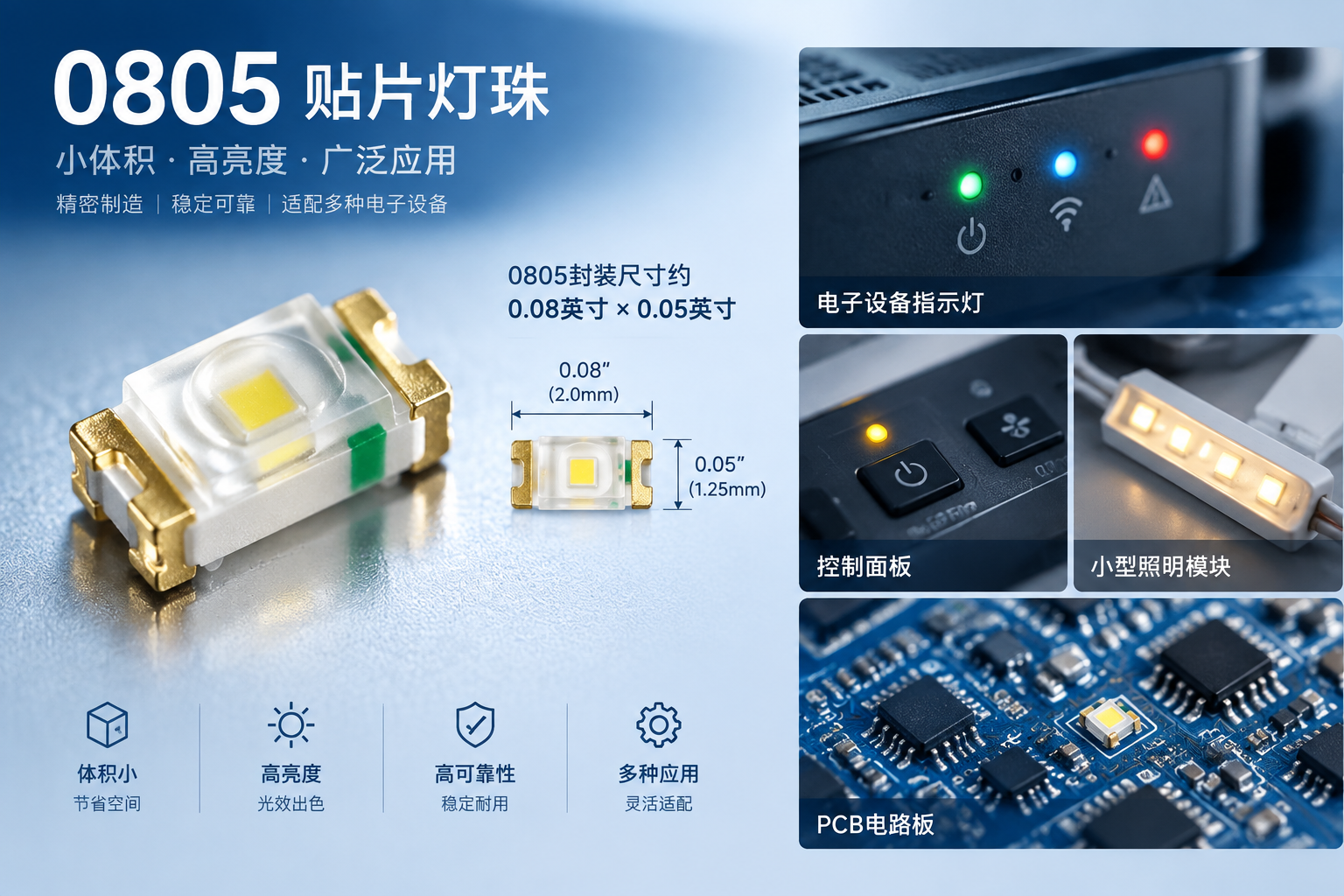 横版科技产品展示构图,突出0805贴片灯珠作为小型电子器件的核心主题。画面左侧展示一枚微型0805贴片LED灯珠的高清微距实拍效果,可看到金属电极、半透明封装结构和精密焊接触点;右侧展示其应用场景,包括电子设备指示灯、控制面板、小型照明模块和PCB电路板。画面中加入尺寸对比示意,标注“0805封装尺寸约0.08英寸×0.05英寸”,体现其体积小、适合空间受限电子产品设计的特点。整体采用专业电子元件摄影风格,背景干净,突出精密制造感和工业科技氛围,横向布局适合公众号文章首图。 English note: Micro LED component overview, 0805 package size and electronic applications, horizontal composition.