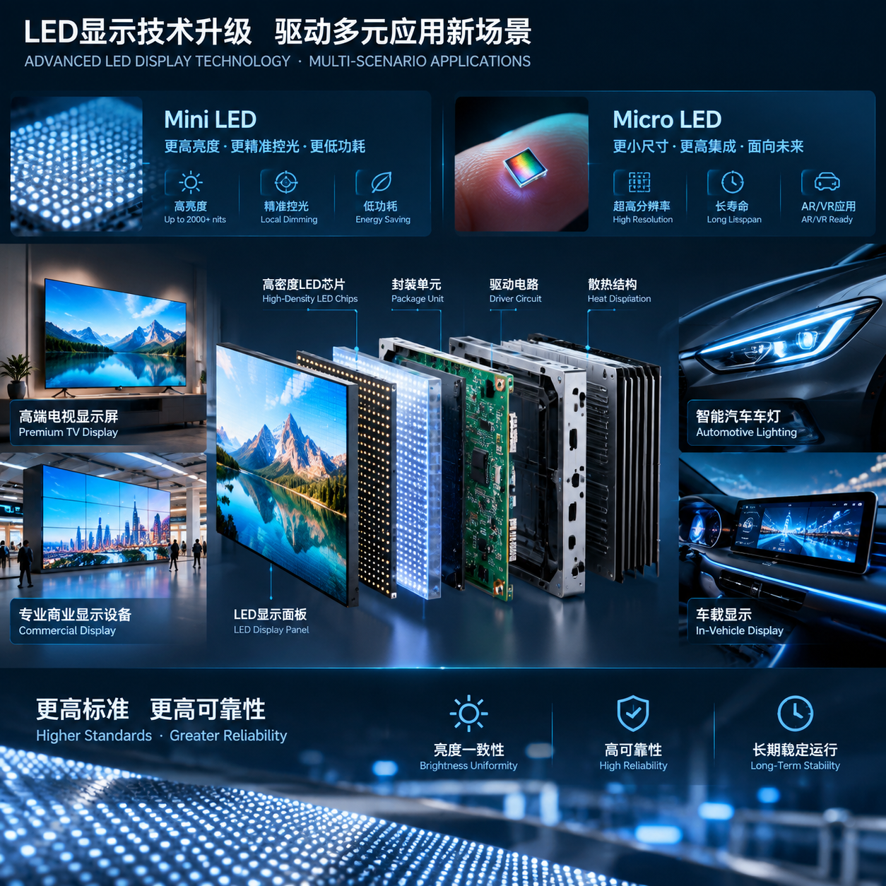 横版实景结合技术示意图，展示Mini LED、Micro LED及车规LED应用升级场景。画面中心为拆解式LED显示模块结构，展示高密度LED芯片、封装单元、驱动电路和散热结构，旁边加入三类应用场景：高端电视显示屏、专业商业显示设备、智能汽车车灯与车载显示。突出Mini LED高亮度、精准控光、低功耗特点，以及Micro LED面向AR/VR和高端终端的长期应用潜力。画面中体现产品对亮度一致性、可靠性、长期稳定运行能力的要求，采用精密电子产品摄影风格与半透明结构标注结合，横版构图，强化技术升级感。