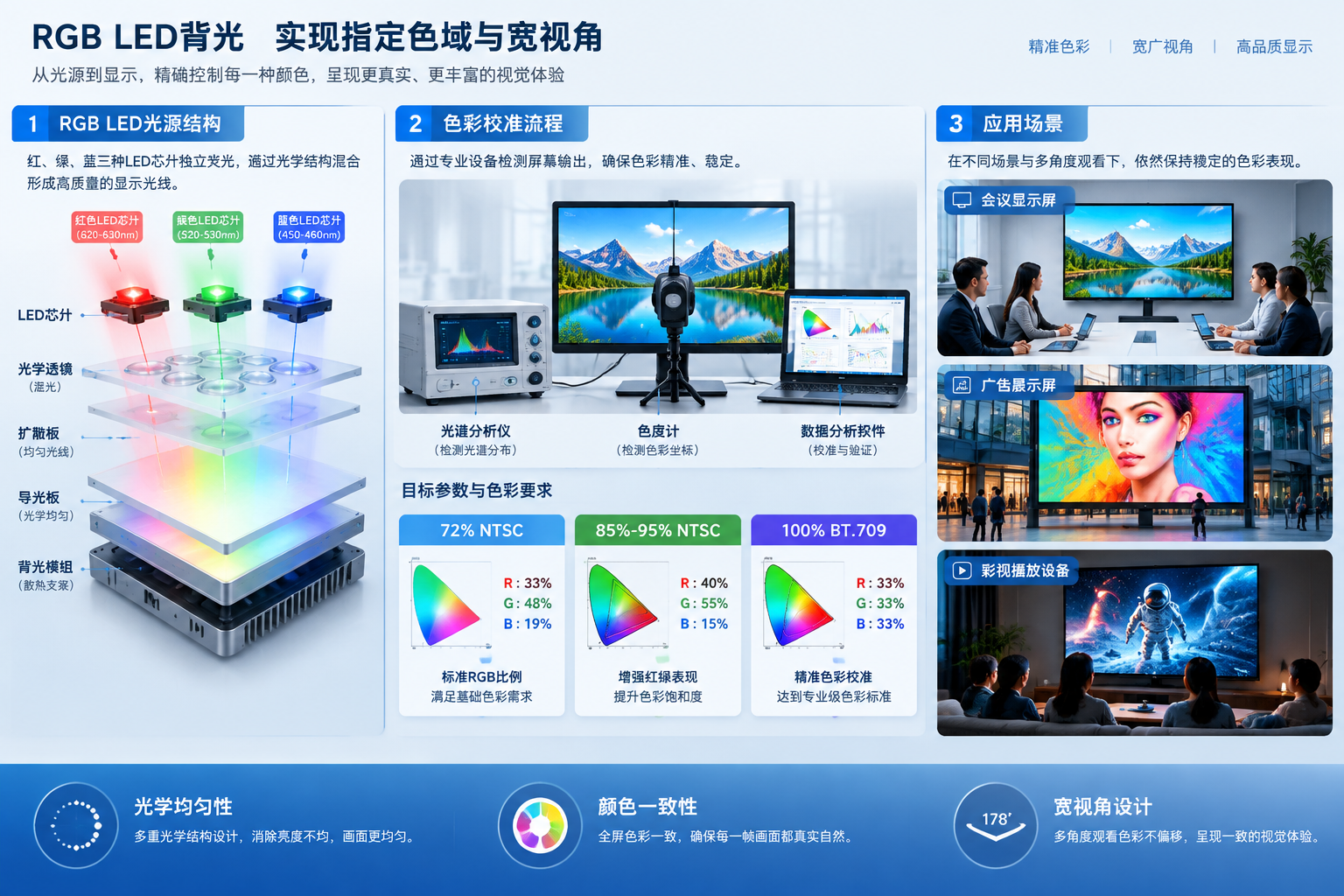 横版原理示意图，展示背光显示中RGB LED背光实现指定色域与宽视角效果的技术过程。画面左侧为RGB LED光源结构拆解，红、绿、蓝三种LED芯片独立发光，通过光学结构混合形成显示光线；中间展示色彩校准流程，包括色度计、光谱分析设备检测屏幕输出，并呈现目标参数：72% NTSC对应标准RGB比例，85%-95% NTSC需要增强红绿表现，100% BT.709需要精准色彩校准。右侧展示实际应用场景，包括会议显示屏、广告展示屏和影视播放设备，多人从不同角度观看时保持稳定色彩。画面突出光学均匀性、颜色一致性和宽视角设计，采用专业工程图结合真实产品效果渲染，横版构图。