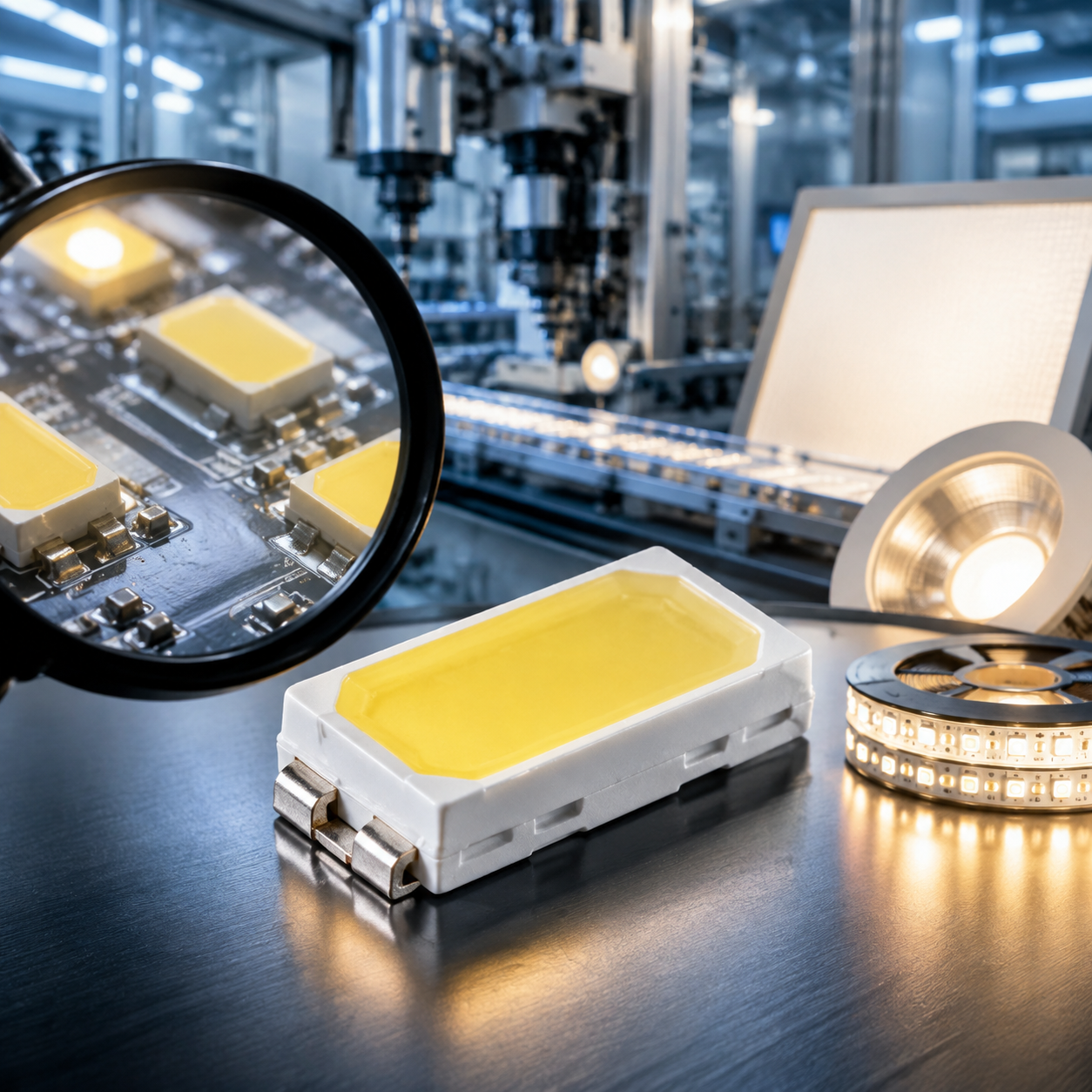 高亮SMD LED 5630贴片灯珠精密微观实拍效果，5.6×3.0mm封装尺寸突出焊盘、发光区域和表面贴装结构，背景高亮LED灯带、面板灯与商业照明场景，冷白光暖白光交错照明，体现中功率LED封装、高亮输出与自动化生产的技术感