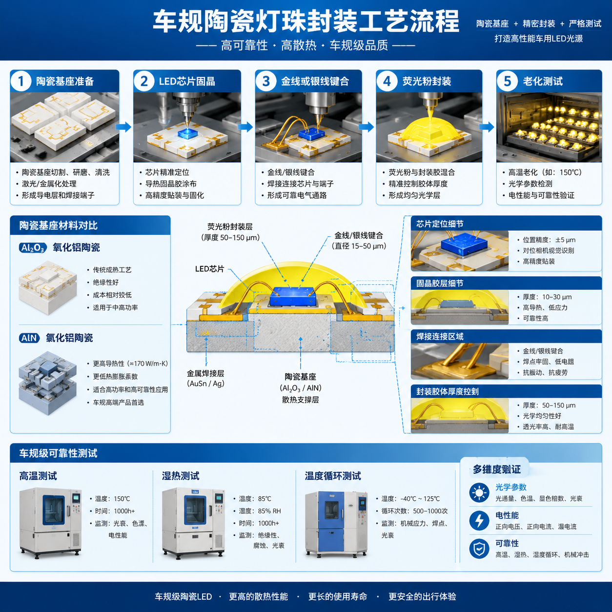 车规陶瓷灯珠封装工艺流程示意图（陶瓷基座、固晶、键合、荧光粉封装与老化测试）