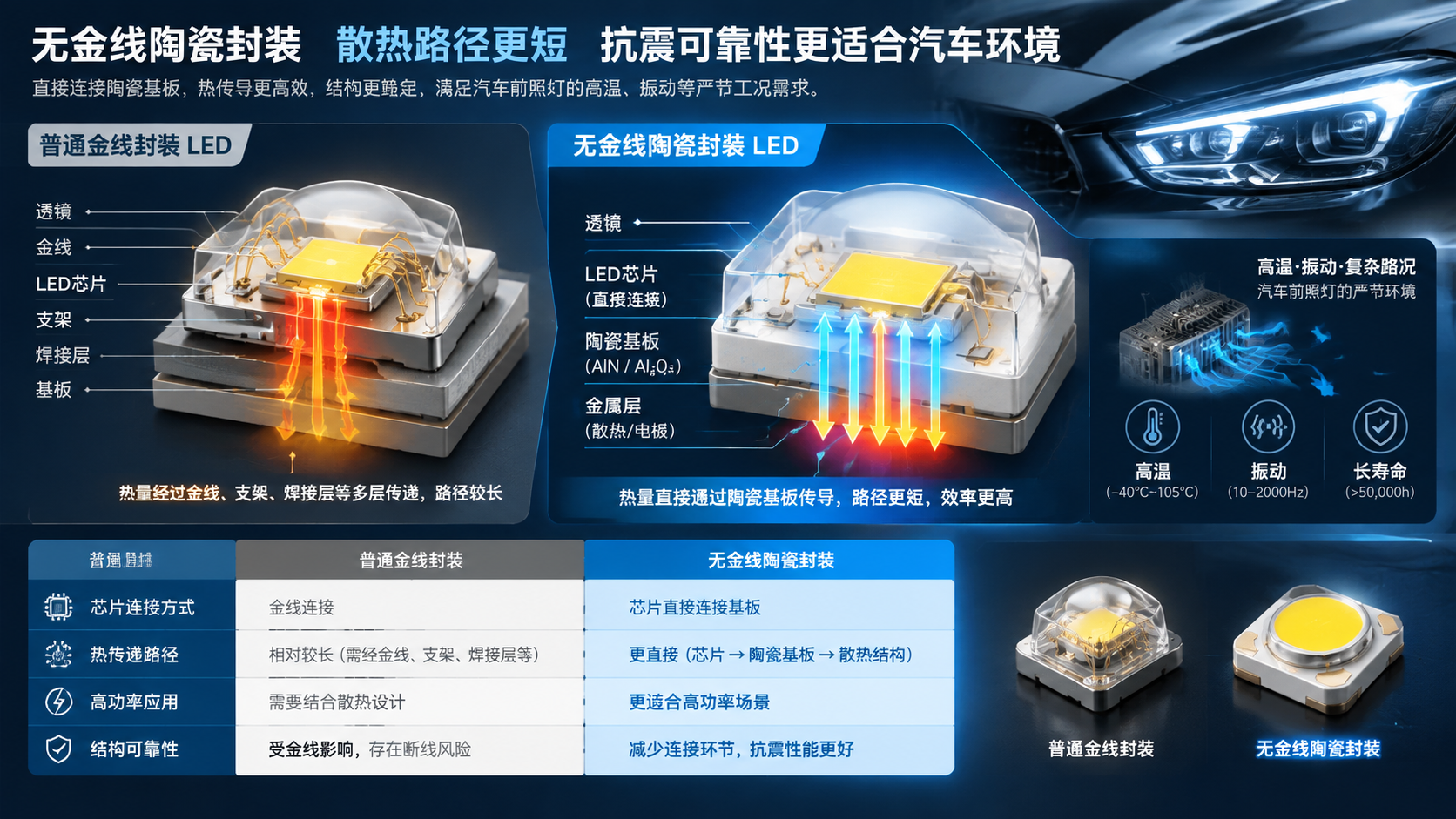无金线陶瓷封装优势对比图:左侧普通金线封装LED结构(金线连接、多个热传递层)、右侧无金线陶瓷封装(芯片直接连接AlN/Al₂O₃基板、箭头标注更直接热路径);对比参数模块覆盖芯片连接方式、热传递路径、高功率应用、结构可靠性等关键指标,背景融合汽车前照灯散热模块与车辆振动环境