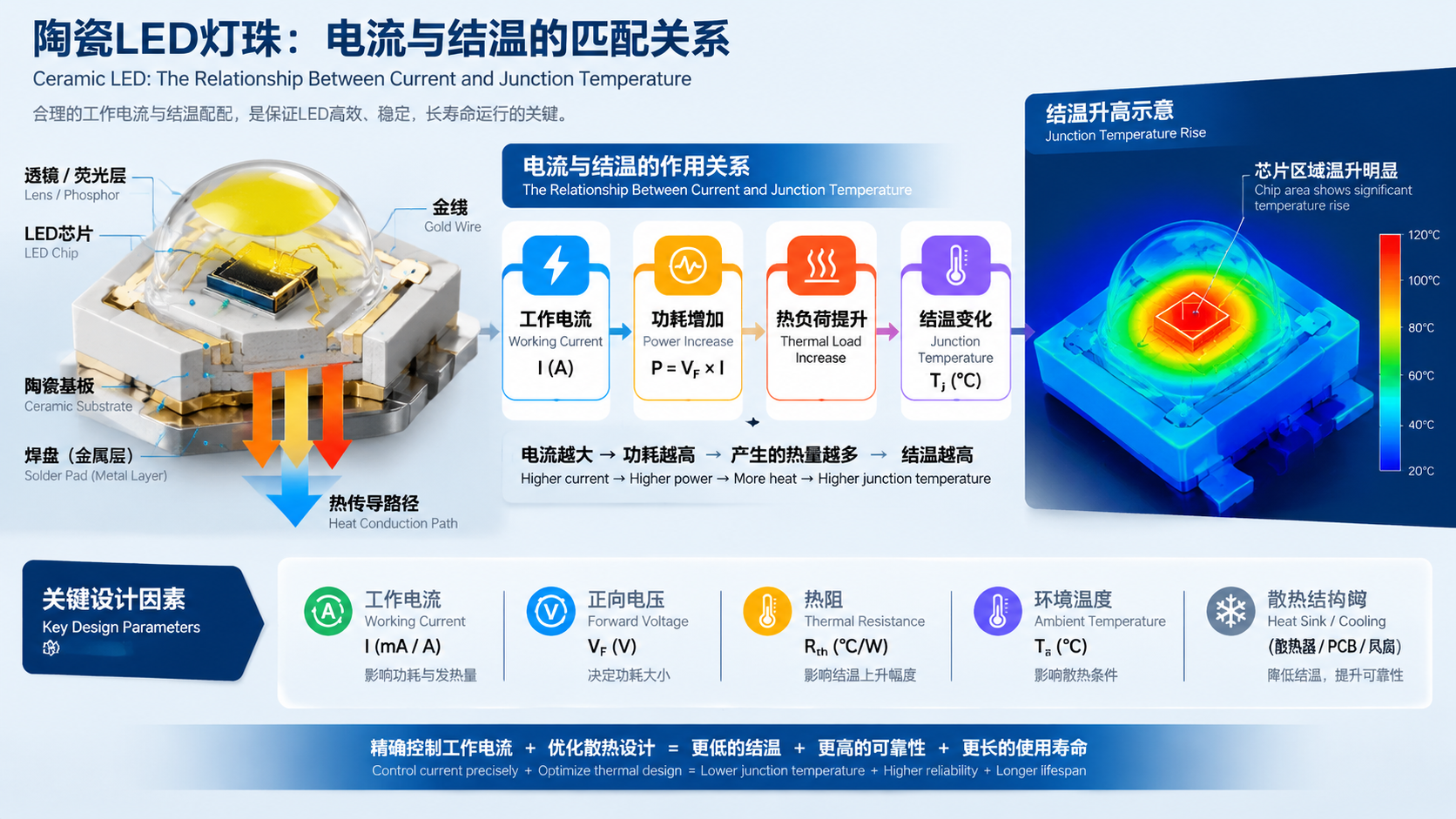 陶瓷灯珠工作电流与结温关系及热管理参数示意图