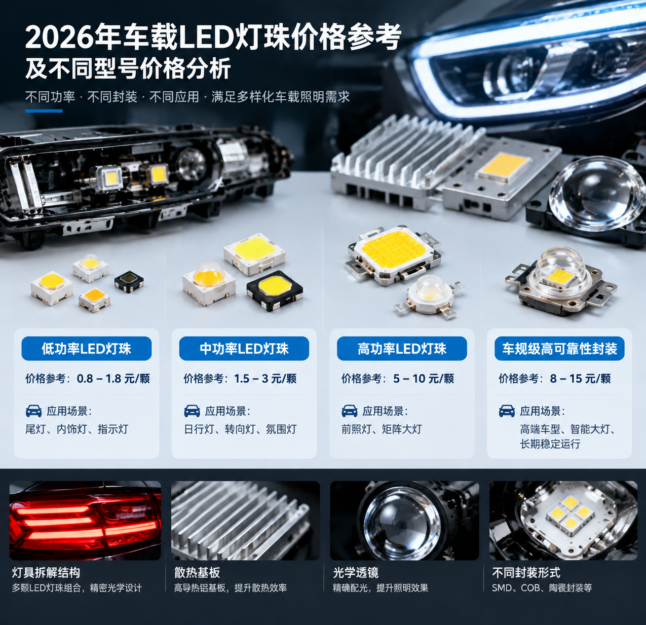 2026年车载LED灯珠价格参考及不同型号价格分析:横版产品实拍结合参数展示,中央展示低功率、中功率、高功率车规级LED灯珠实物,通过透明信息卡标注应用场景与价格(低功率0.8-1.8元/颗尾灯内饰灯;中功率1.5-3元/颗日行灯转向灯氛围灯;高功率5-10元/颗前照灯矩阵大灯),背景添加汽车灯具拆解、散热基板与光学透镜细节,专业产品摄影风格