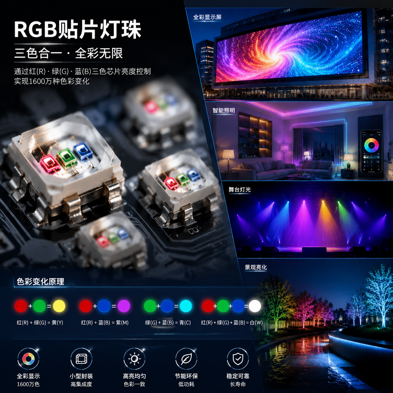 横版构图,作为文章开篇主题展示图。画面以RGB贴片灯珠产品与应用场景结合呈现,左侧展示一组微型SMD RGB LED灯珠近距离微观实拍效果,可看到红色、绿色、蓝色三种芯片结构;右侧延伸展示由RGB灯珠组成的全彩LED显示屏、智能照明设备、舞台灯光和景观亮化场景,体现RGB灯珠通过控制三种颜色亮度比例实现多彩变化的特点。画面加入简洁科技感信息元素,例如红+绿形成黄色、红+蓝形成紫色、绿+蓝形成青色、三色同时点亮形成白光的色彩变化示意。整体采用高清工业摄影风格,突出小尺寸元件与丰富应用之间的联系,适合作为文章首图吸引读者。 -- English: horizontal industrial technology illustration, RGB SMD LED chips, color mixing concept, LED display and smart lighting applications, high detail