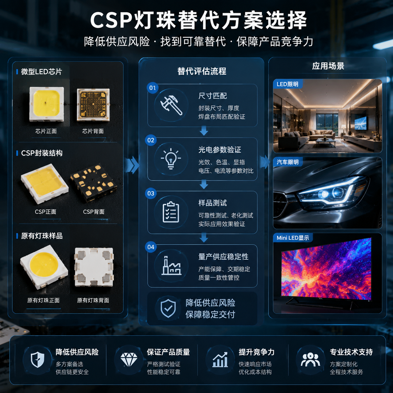 横版科技工业风场景，CSP灯珠替代方案选择的核心问题展示，左侧微型LED光源芯片与CSP封装对比，中间半透明数据面板展示尺寸匹配、光电参数验证、样品测试、量产供应稳定性四个关键环节，右侧呈现LED照明、汽车照明、Mini LED显示设备三个应用场景的缩略实景，整体突出企业降低供应风险、寻找可靠替代方案的高清工业摄影结合数字化信息图设计