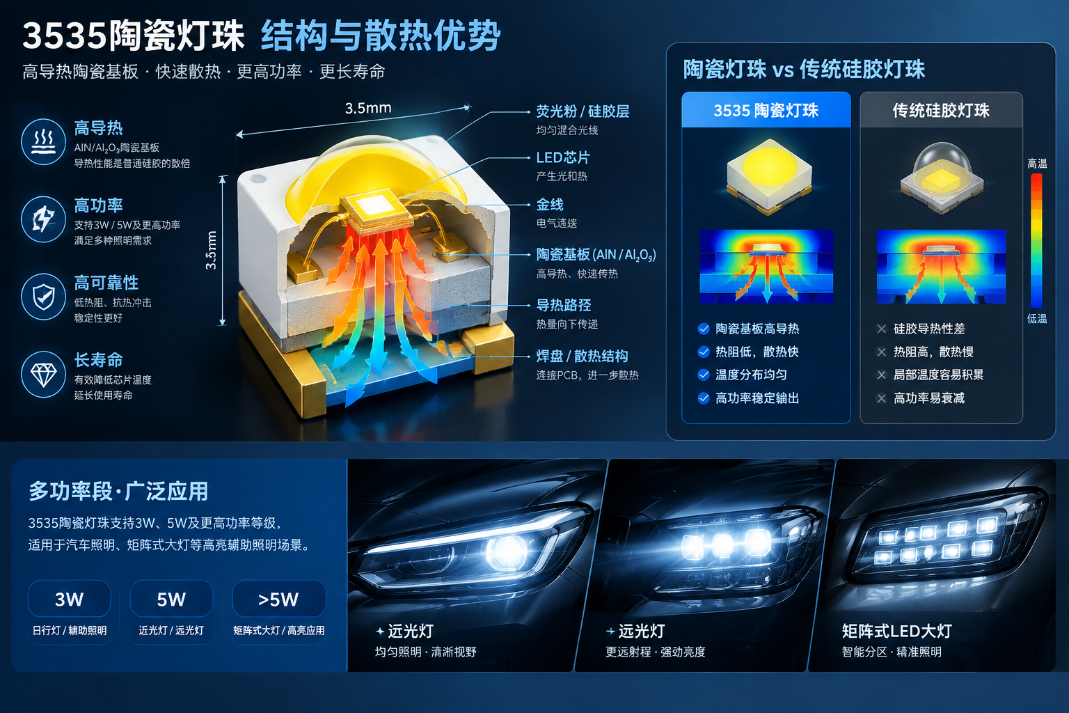 横版技术解析图，围绕3535陶瓷灯珠结构与散热优势进行可视化展示。画面中心为一颗放大的3535陶瓷LED灯珠剖面结构，标注尺寸约3.5mm×3.5mm，展示LED芯片、AlN/Al₂O₃陶瓷基板、导热路径以及外部散热结构。通过箭头展示芯片产生的热量如何经过陶瓷基板快速向外传递，并加入传统硅胶灯珠对比区域，表现普通封装热阻较高、热量容易局部积累的特点。背景结合汽车近光灯、远光灯、矩阵式LED大灯模块应用场景，体现3535陶瓷灯珠支持3W、5W及更高功率等级、高亮辅助照明等应用特点。整体采用精密工程信息图风格，横向布局，适合技术文章中段解释核心原理。 English note: 3535 ceramic LED package structure, thermal pathway diagram, engineering infographic style.