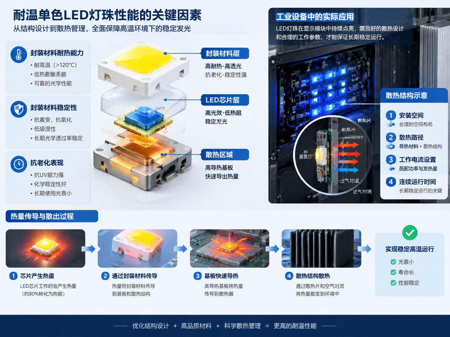 横版技术原理示意图,重点表现影响耐温单色LED灯珠性能的关键因素。画面中央为LED灯珠结构拆解图,依次展示芯片层、封装材料层、散热区域,并用简洁标注体现封装材料耐热能力、稳定性以及抗老化表现的重要性。右侧展示工业设备内部应用场景,LED灯珠安装在显示模块中持续点亮,旁边结合散热结构示意,包括安装空间、散热路径、工作电流设置和连续运行时间等影响因素,用流程箭头展示热量从芯片产生到散出的过程。整体采用工程设计图与真实工业设备融合风格,横版布局,突出技术细节而非品牌信息。English note: LED structure analysis with chip, packaging material and thermal management diagram.