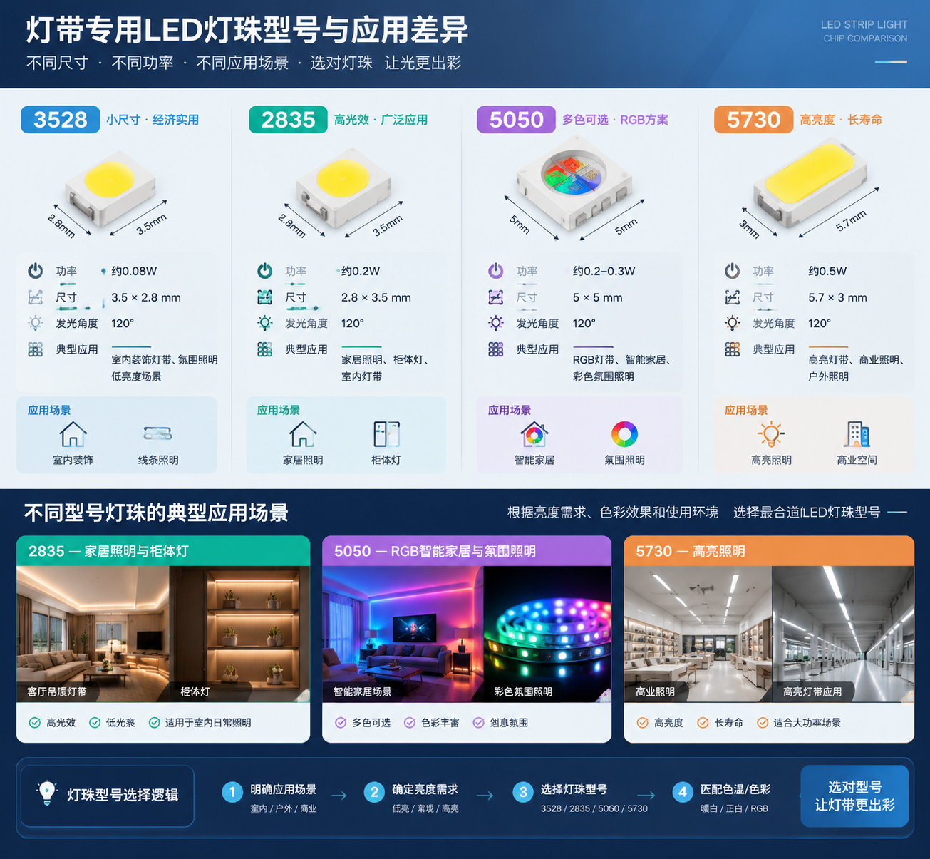 横版技术解析信息图,中央展示3528 2835 5050 5730四种规格LED灯珠对比模型,尺寸标注、功率参数和典型应用图标,2835用于客厅吊顶柜体灯,5050 RGB用于智能家居彩色氛围照明,5730用于高亮照明,工业设计风格,参数文字布局清晰