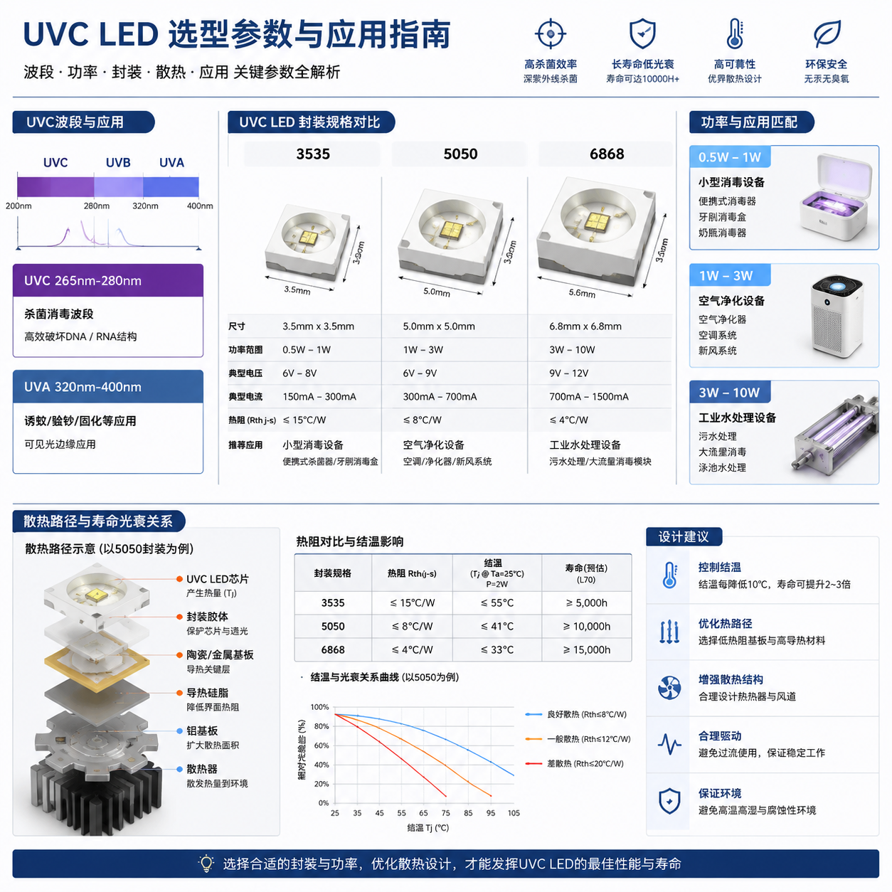 横版技术示意图,围绕UVC LED选型参数展开,展示不同封装规格与应用关系。画面中央排列3535、5050、6868三种不同尺寸的UVC LED灯珠结构模型,旁边显示参数信息面板,包括265nm-280nm杀菌消毒波段、320nm-400nm UVA应用范围、0.5W-1W小型消毒设备、1W-3W空气净化设备、3W-10W工业水处理设备等具体数据。下方加入散热路径示意,展示基板、热阻设计和散热结构如何影响寿命与光衰。整体采用精密工程绘图风格,突出电子元件细节、参数对比和实际应用关联,横版布局。
