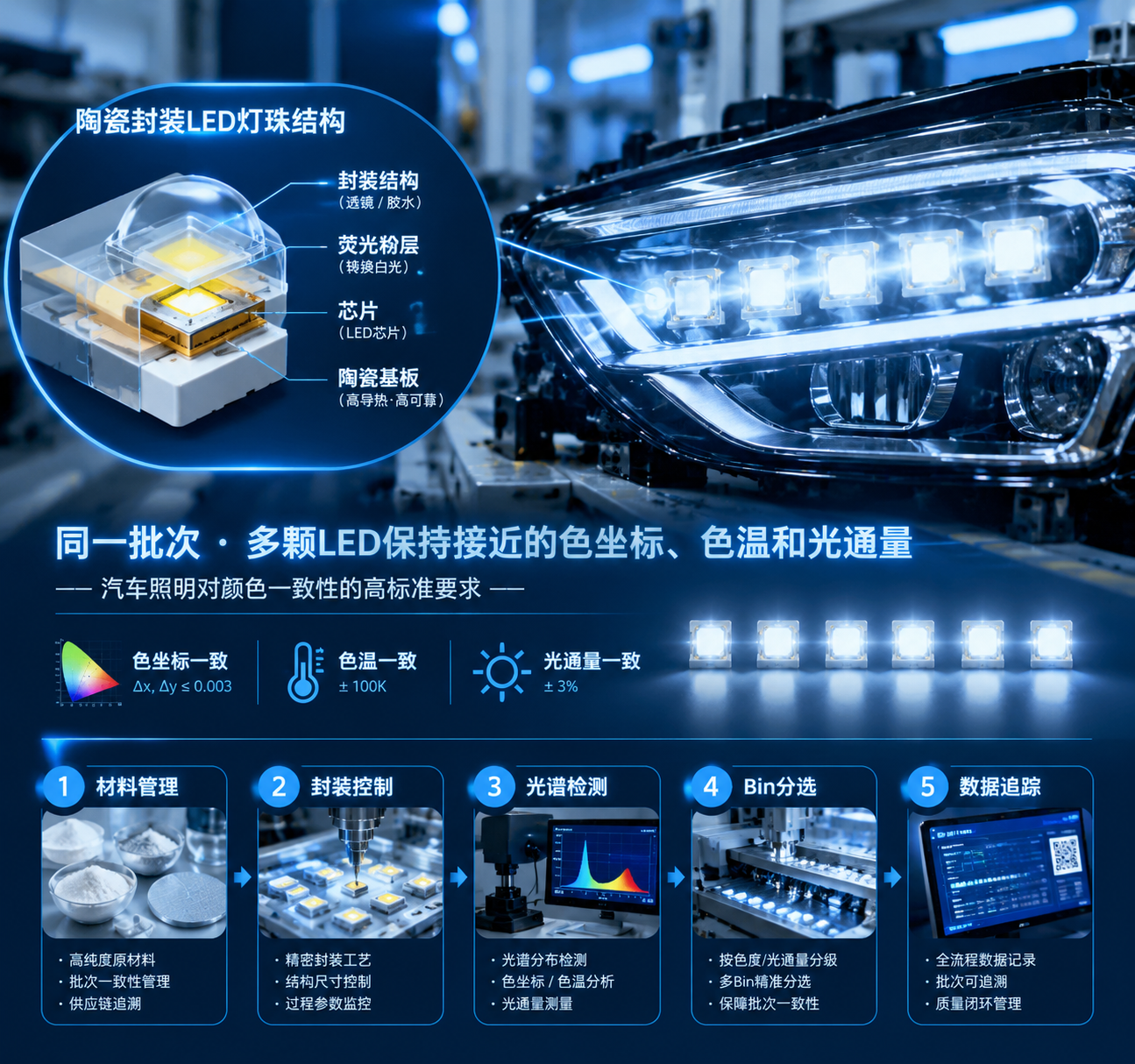 车载陶瓷灯珠色度一致性批量管控示意图，展示均匀点亮的汽车大灯模组及材料管理、封装控制、光谱检测、Bin分选与数据追踪流程