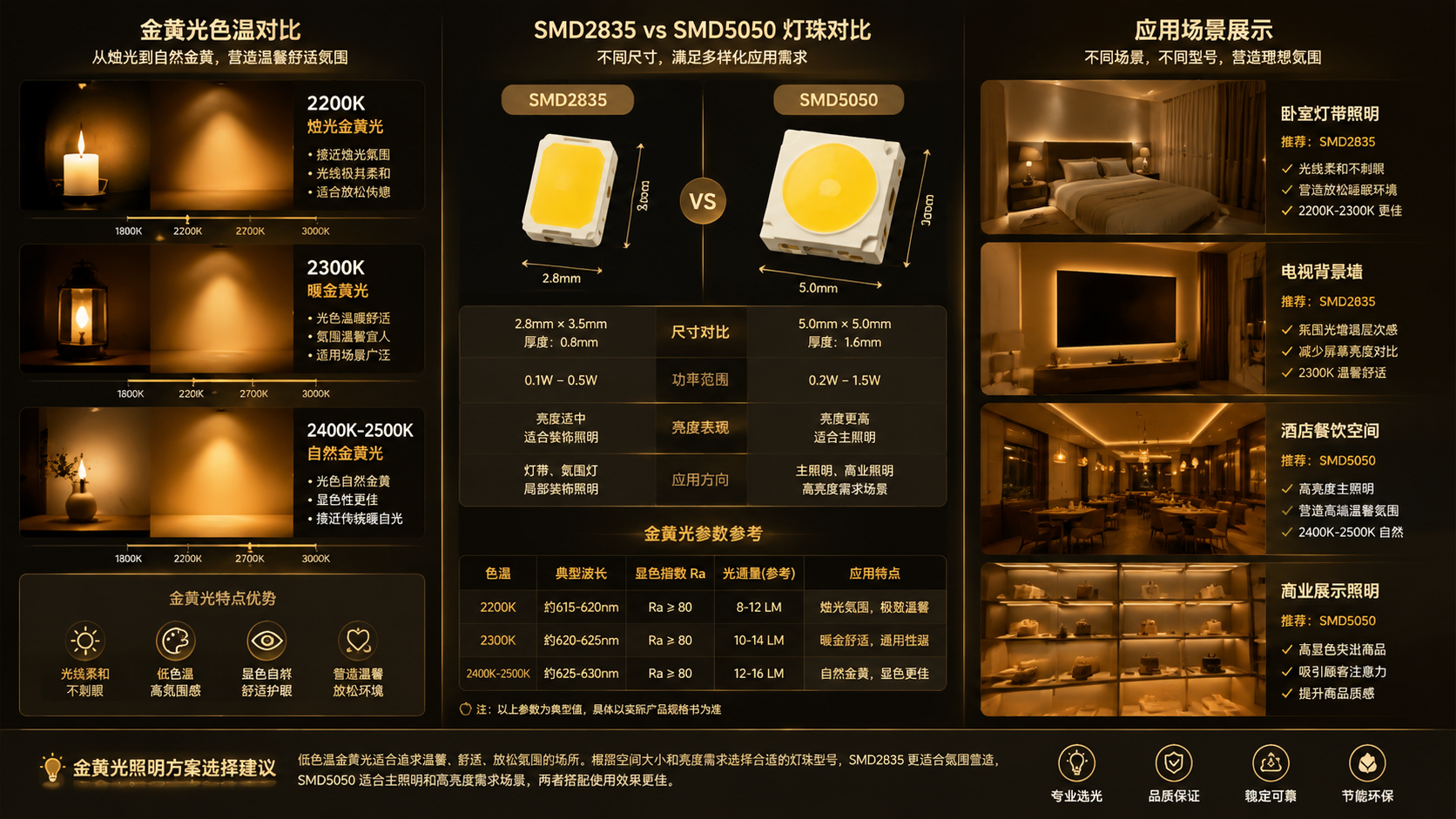 金黄光SMD灯珠色温对比与应用场景图，横版构图展示2200K、2300K、2400K-2500K三种色温的光色渐变效果，从接近烛光到自然金黄色逐步变化，中间展示SMD2835与SMD5050尺寸对比并标注尺寸差异与亮度应用方向，右侧结合卧室灯带、电视背景墙、酒店餐饮空间、商业展示照明等真实落地场景，融合参数图表与科技说明插画风格