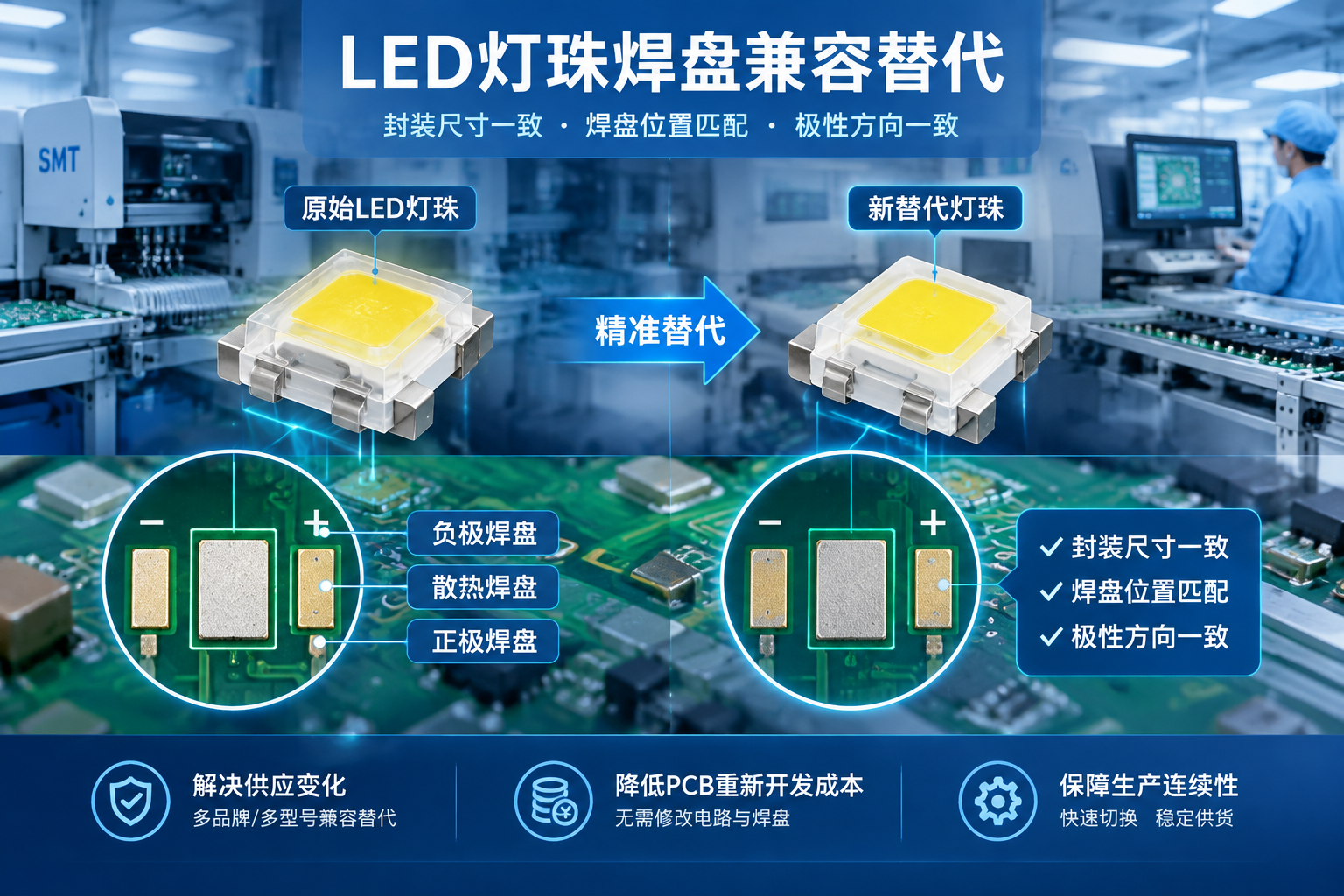 LED灯珠焊盘兼容替代的核心问题场景:左侧原始SMD LED灯珠与PCB焊盘放大图,突出底部焊盘、正负极和散热焊盘;右侧尺寸一致的新替代灯珠精准贴装,体现焊盘匹配、极性一致的替换过程。背景工业车间与贴片设备,横版科技工业风插图