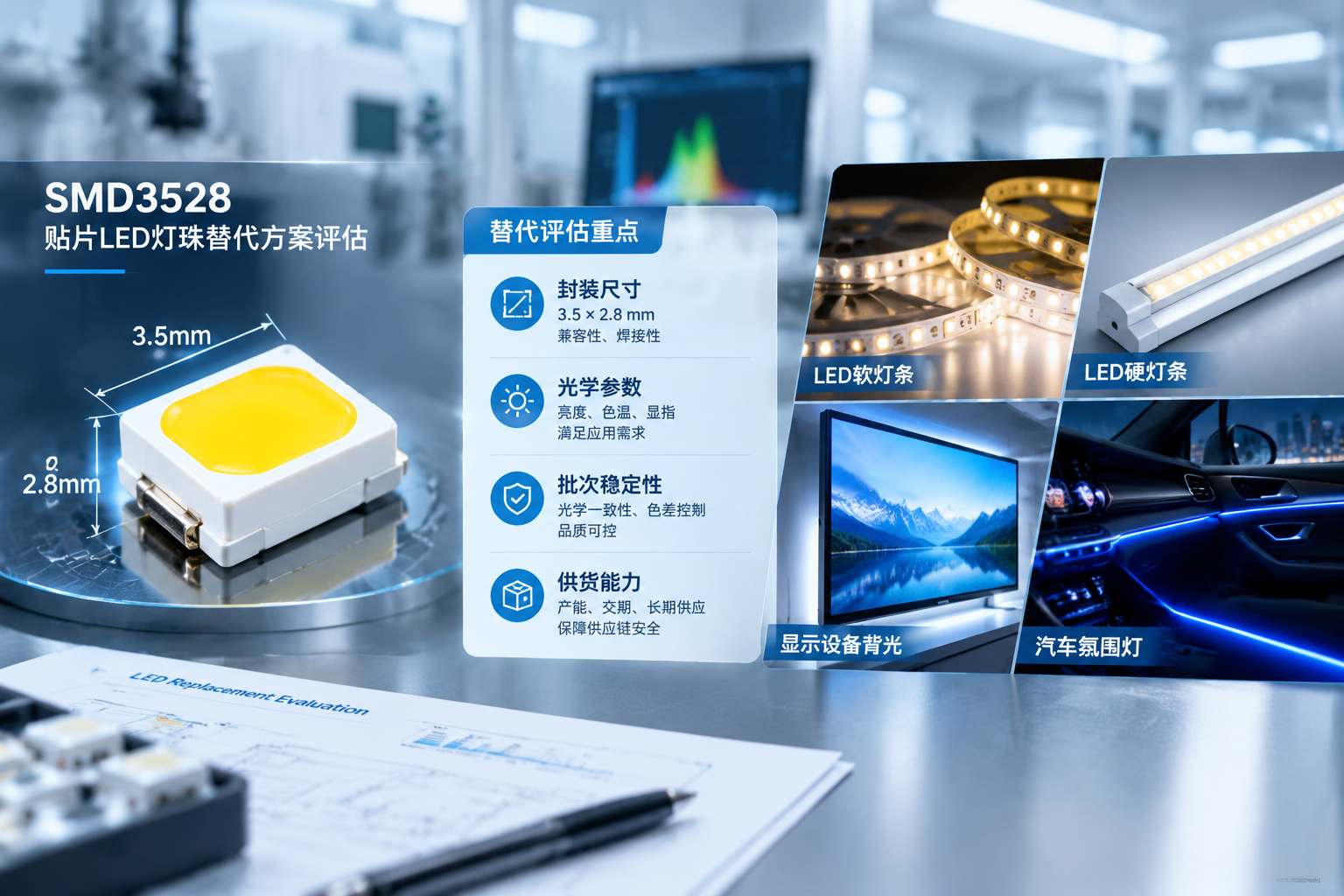 横版科技产品展示构图，呈现一颗SMD3528贴片LED灯珠替代方案评估场景。画面左侧为放大的3528 LED灯珠微观实拍效果，突出3.5×2.8mm封装尺寸特征，旁边以简洁信息面板展示“封装尺寸、光学参数、批次稳定性、供货能力”四项替代评估重点；右侧延伸展示LED软灯条、LED硬灯条、显示设备背光、汽车氛围灯等实际应用场景的组合画面。整体采用工业照明研发环境风格，体现企业寻找替代供应来源、优化供应结构的主题，高清写实，横向留白适合公众号插图排版。English note: Professional SMD3528 LED replacement evaluation scene, industrial technology style, horizontal composition.