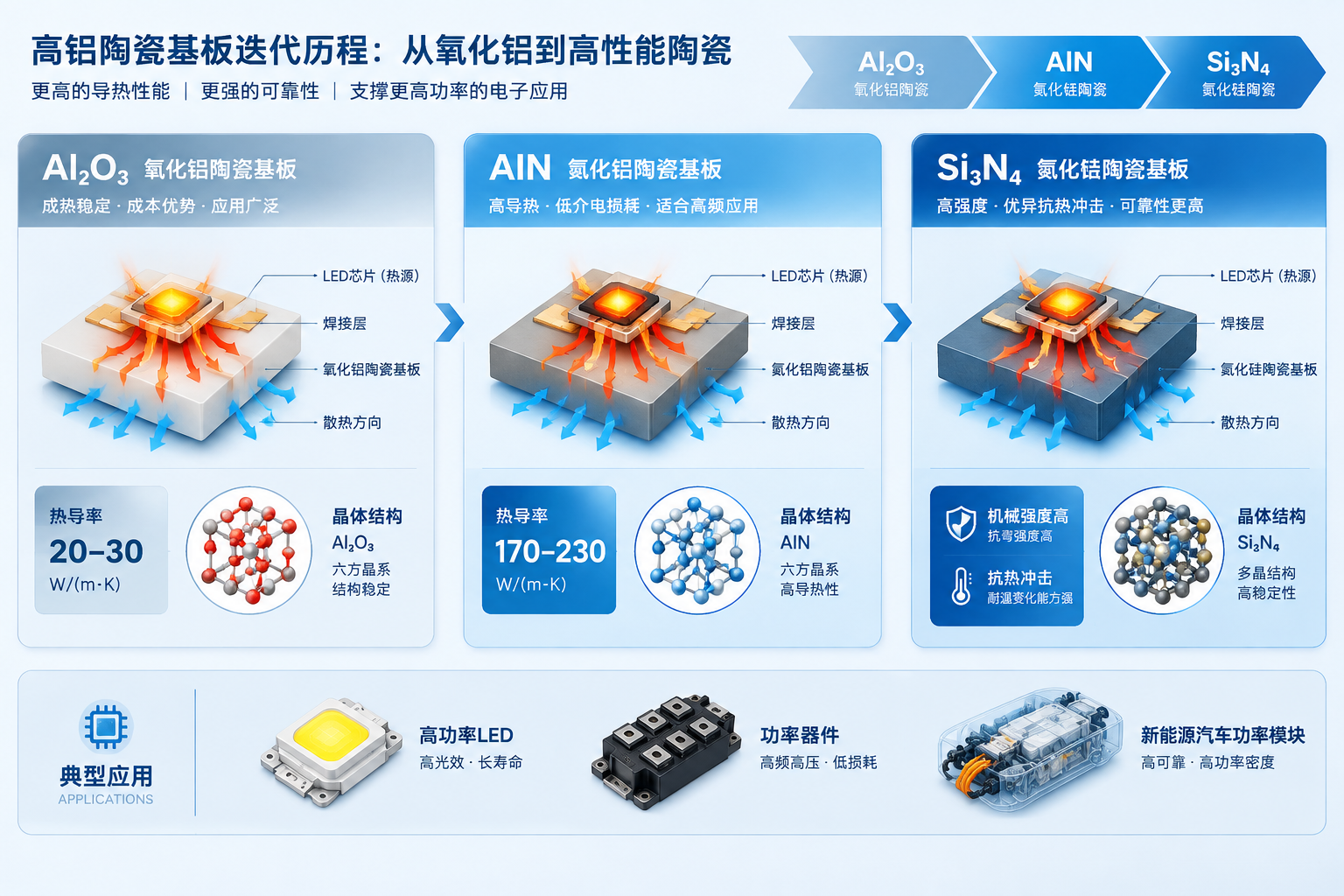 氧化铝氮化铝氮化硅陶瓷基板材料演进与导热性能对比