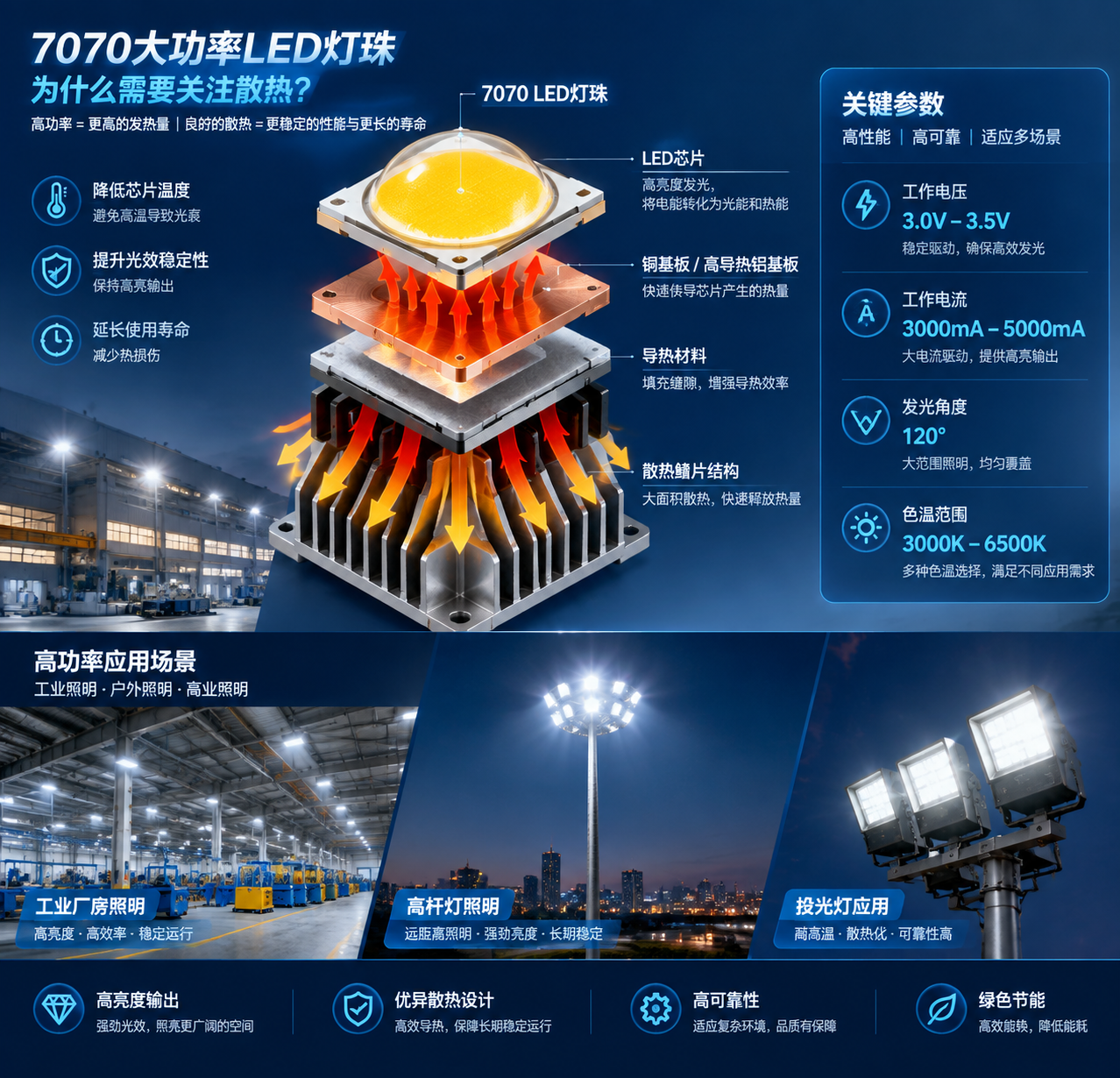横版技术原理与应用结合示意图，中心拆解后的7070 LED结构剖面图（芯片、铜基板/高导热铝基板、导热材料、散热鳍片，箭头显示热量传递过程），旁边参数可视化面板（电压3.0V-3.5V、电流3000mA-5000mA、发光角度120°、色温3000K-6500K），背景融合工业厂房、高杆灯和投光灯应用场景