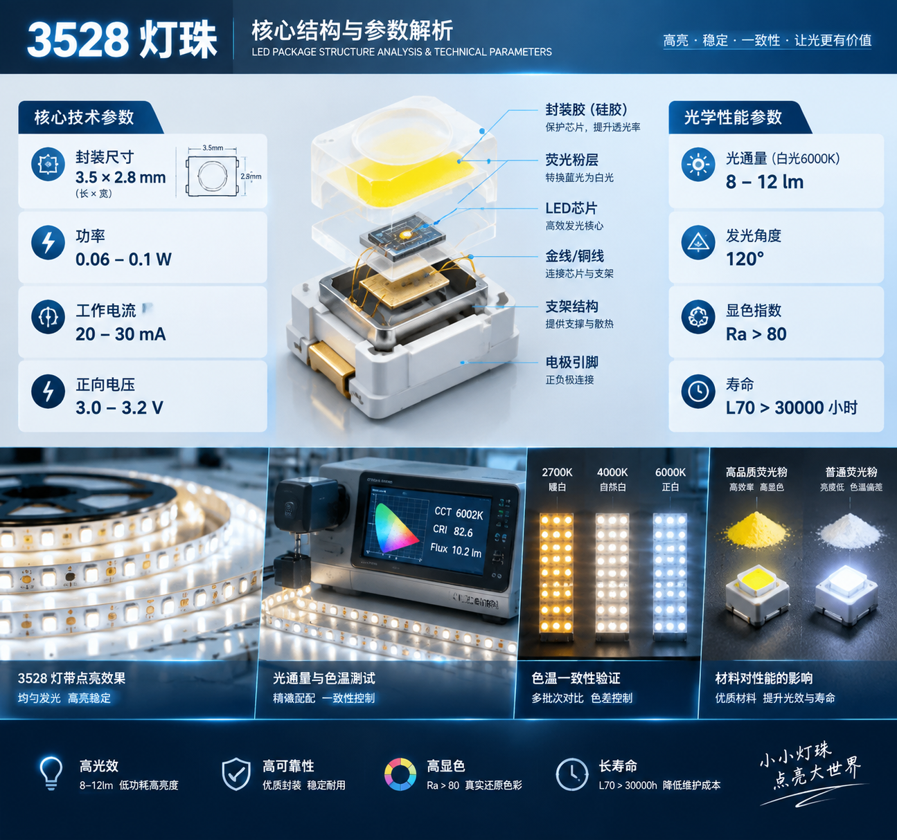 横版技术解析信息图，展示3528灯珠核心参数与光学性能验证过程。中心为拆解后的SMD3528 LED结构示意图，包含LED芯片、荧光粉材料、支架与封装胶等内部结构层次；周围环绕参数卡片，清晰呈现“封装尺寸3.5×2.8mm、功率0.06–0.1W、工作电流20–30mA、正向电压3.0–3.2V、光通量8–12lm（白光6000K）、发光角度120°、显色指数Ra＞80、寿命L70＞30000小时”等数据。背景结合LED灯带点亮效果和色温测试设备，表现光通量匹配、色温一致性和材料影响性能的技术验证场景，采用专业半写实工业信息图风格，横版构图。English note: LED package structure analysis infographic with technical parameters, horizontal layout.