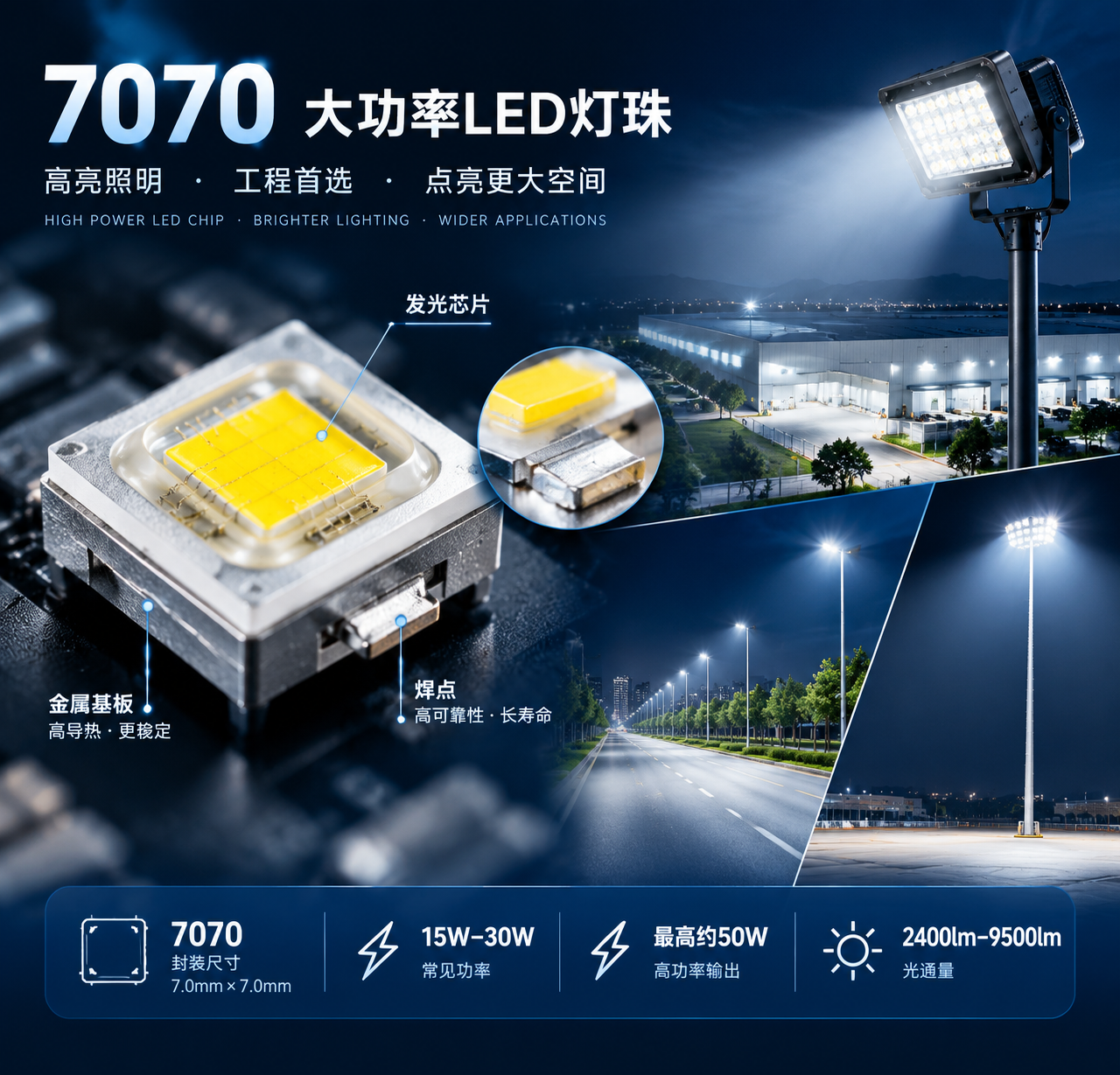 横版科技产品展示图，左侧超清微距7070 SMD LED灯珠芯片封装（金属基板、发光芯片、焊点细节），右侧LED投光灯、路灯、高杆灯夜间户外远距离光束覆盖道路和大型区域，标注7070封装尺寸、15W-30W功率、2400lm-9500lm光通量