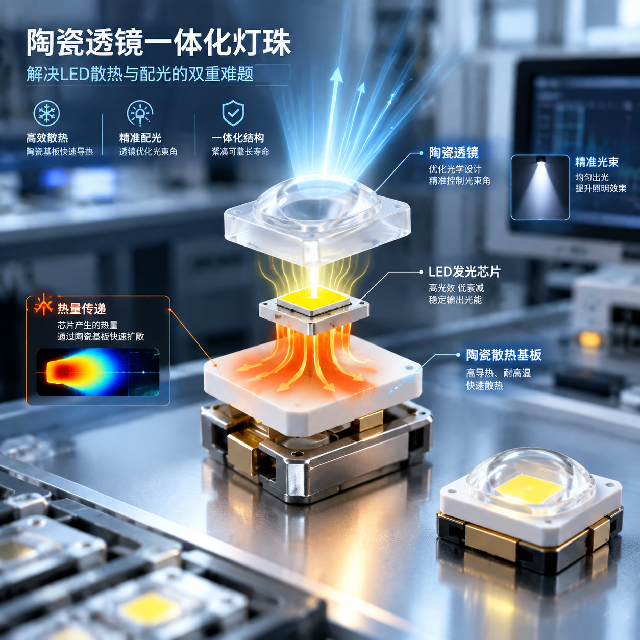横版科技产品展示构图,画面中心是一颗拆解状态的陶瓷透镜一体化灯珠,清晰展示LED发光芯片、陶瓷散热基板、光学透镜三层结构,旁边以半透明科技线框标注光线传播方向和热量传递路径;左侧表现LED芯片产生光能,橙色热流从芯片向陶瓷基板扩散,右侧表现透镜调整光束角形成精准照明效果。背景为现代LED封装实验环境,金属质感、微距摄影风格、高清细节、专业工业照明视觉,突出一体化结构紧凑和散热配光结合的特点。