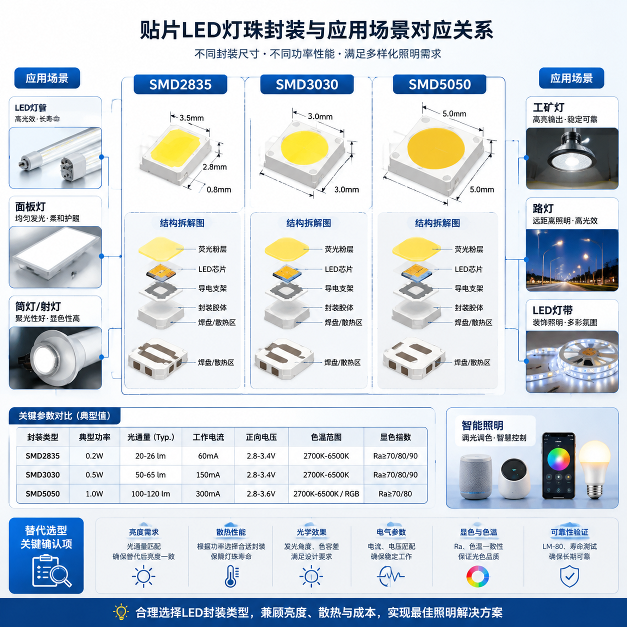 横版技术解析示意图，展示不同贴片LED灯珠封装与应用场景的对应关系。画面中心为放大的SMD2835、SMD3030、SMD5050三种贴片LED灯珠结构拆解图，清晰显示封装尺寸、芯片、焊盘和散热区域；周围连接实际应用场景，包括LED灯管、面板灯、筒灯、工矿灯、路灯、LED灯带和智能照明设备。加入简洁参数信息牌，展示光通量、工作电流、正向电压、色温、显色指数等替代时需要确认的关键指标，突出不同封装对亮度、散热和光学效果的影响。采用专业LED工程设计图风格，半实物半信息图表现，背景干净，横版布局。