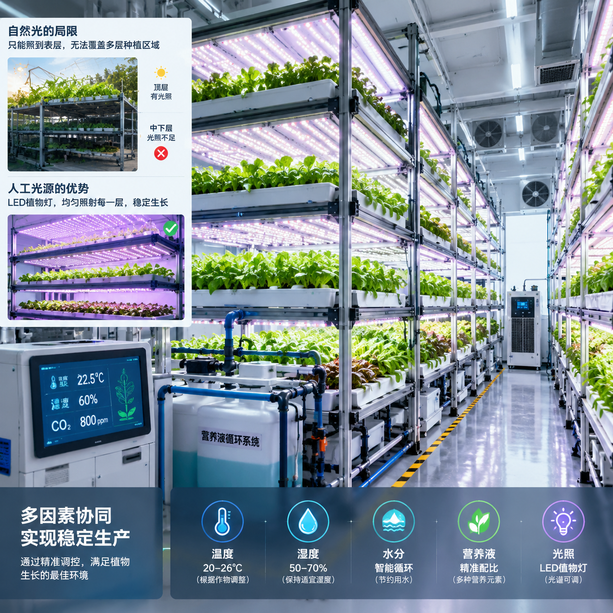 现代多层水培植物工厂内部,立体种植架上生长绿色叶菜,顶部安装大量大功率LED植物灯形成均匀光照,体现自然光难以覆盖多层种植区域,通过人工光源实现稳定生产,科技农业实景摄影风格