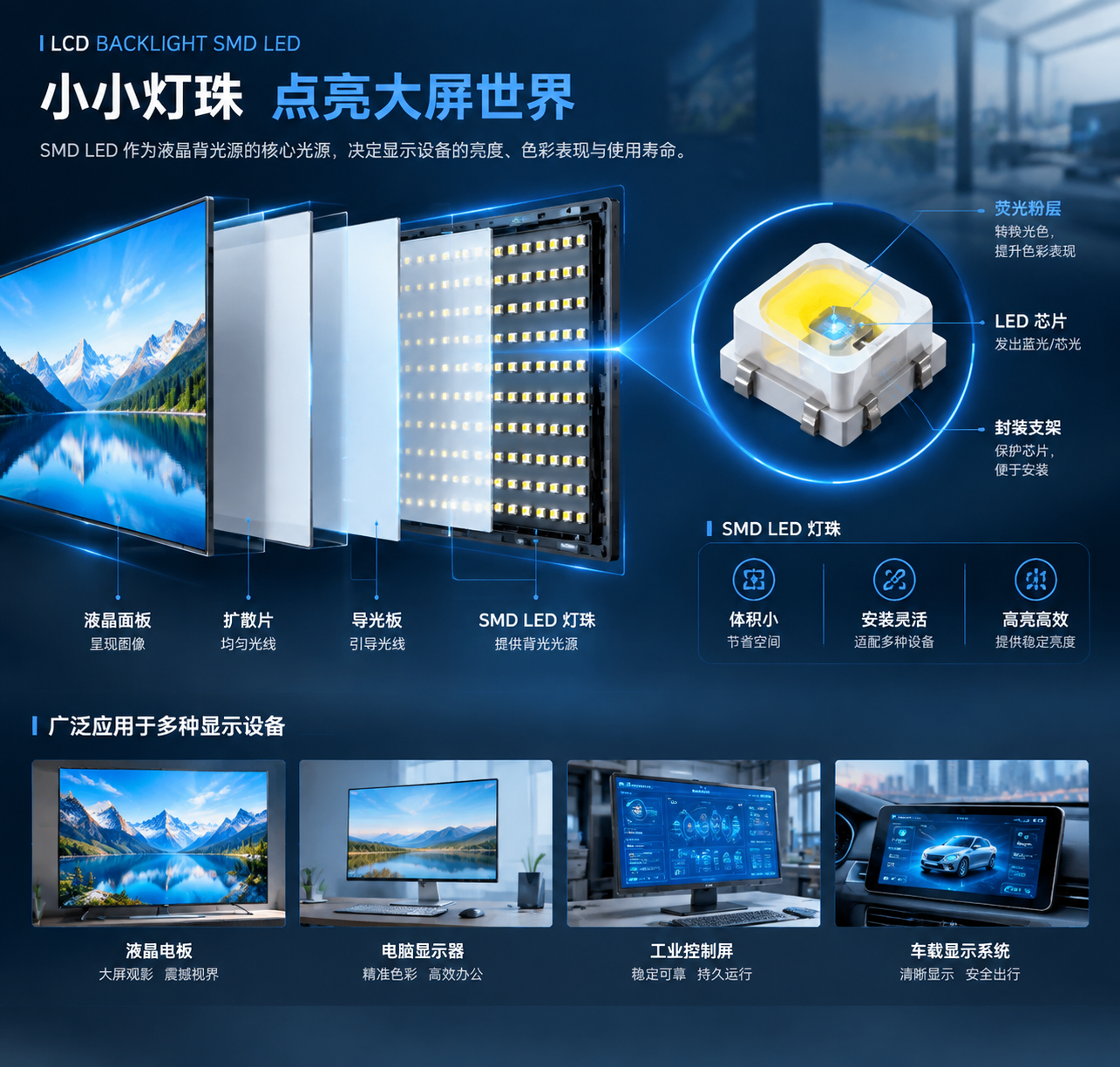 横版科技工业风构图，展示液晶背光源 SMD 灯珠在现代显示设备中的核心作用。左侧为拆解状态的液晶显示屏呈现背部 SMD LED 灯珠光源，右侧放大一颗微型 SMD 灯珠内部结构（LED 芯片、荧光粉层、封装支架），背景融合液晶电视、电脑显示器、工业控制屏、车载显示系统等应用场景