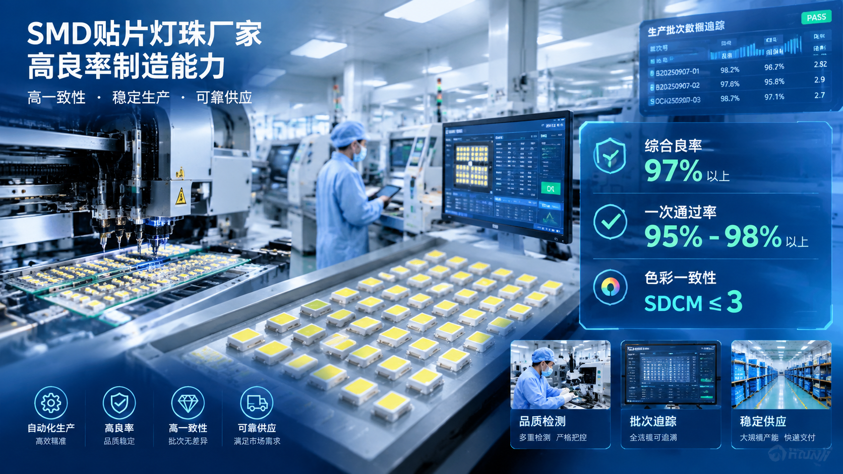横版科技工业风构图，展示SMD贴片灯珠厂家高良率制造能力的整体场景。画面左侧为自动化LED封装生产线，精密设备正在进行贴片灯珠生产，中间突出排列整齐的SMD LED灯珠微型产品，右侧叠加半透明数据面板，展示“综合良率97%以上”“一次通过率95%-98%以上”“色彩一致性SDCM≤3”等关键质量指标。背景体现洁净车间、工程师质量监控、批次数据追踪系统，突出高一致性、稳定生产、可靠供应的主题。采用真实工业摄影结合数字信息可视化风格，横版布局，适合文章开篇吸引读者理解高良率贴片灯珠选型核心。 English note: high yield SMD LED manufacturing factory with quality control data visualization, horizontal industrial technology style.