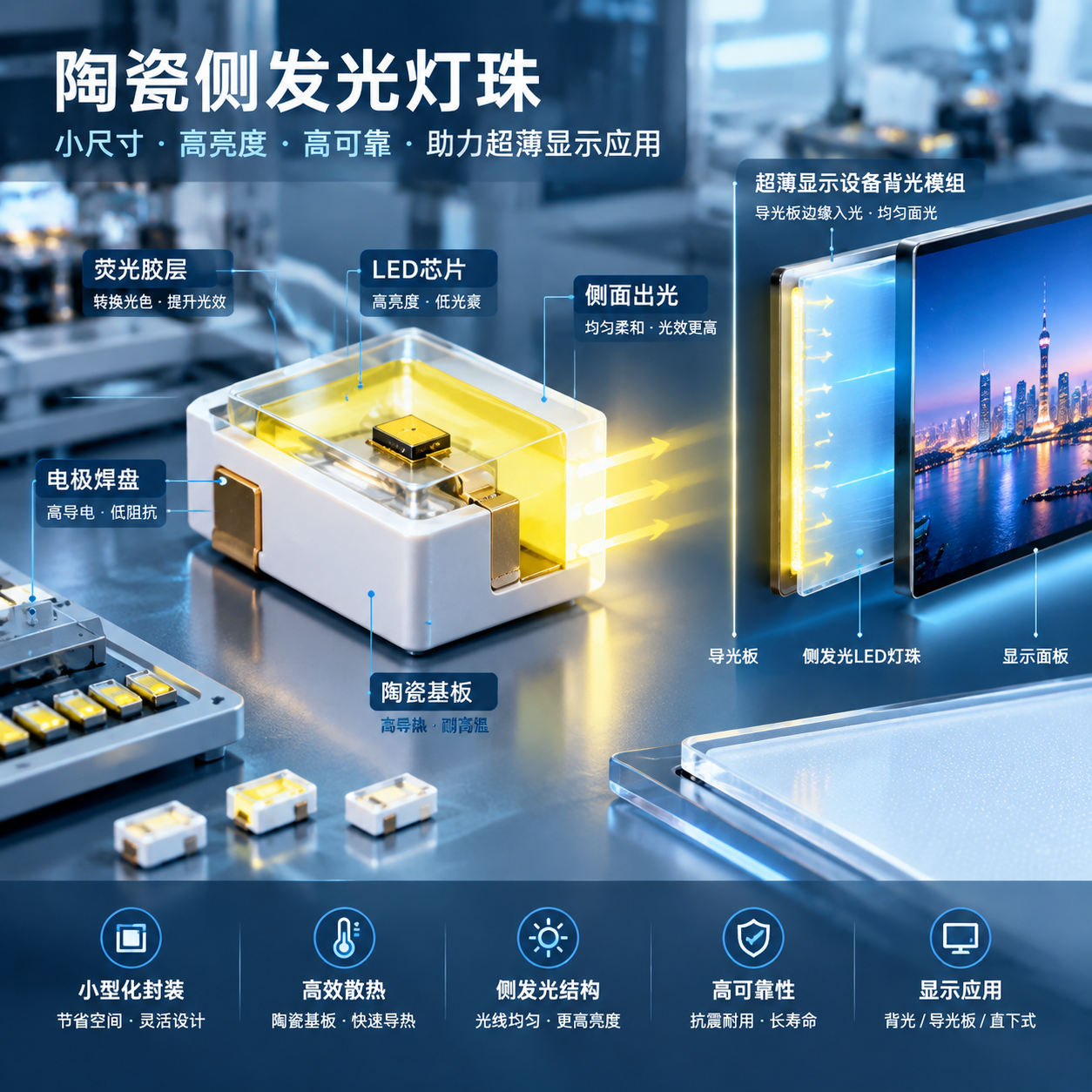 陶瓷侧发光灯珠结构与超薄显示背光模组应用示意图