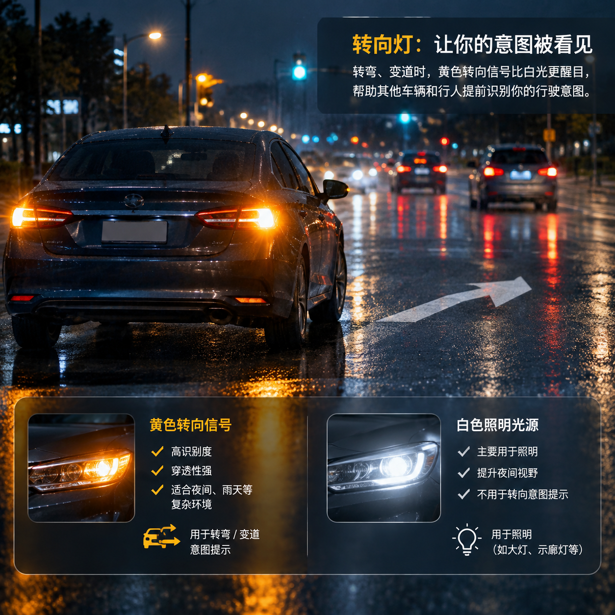 横版汽车科技实拍风格,展示夜间道路环境中的车辆转向灯工作场景,一辆家用汽车正在路口变道,前后黄色(琥珀色)转向灯清晰闪烁,雨天路面有轻微反光,远处其他车辆灯光虚化,突出黄色信号灯相比白光更容易识别的视觉效果。画面中可加入半透明信息示意区域,对比黄色转向信号与白色照明光源的不同应用场景,体现转向灯承担车辆转弯、变道意图提示功能这一主题。整体采用高清摄影、真实汽车灯光效果、横向构图,适合文章开篇展示核心问题。English note: realistic automotive lighting scene, amber turn signal visibility comparison, wide composition.