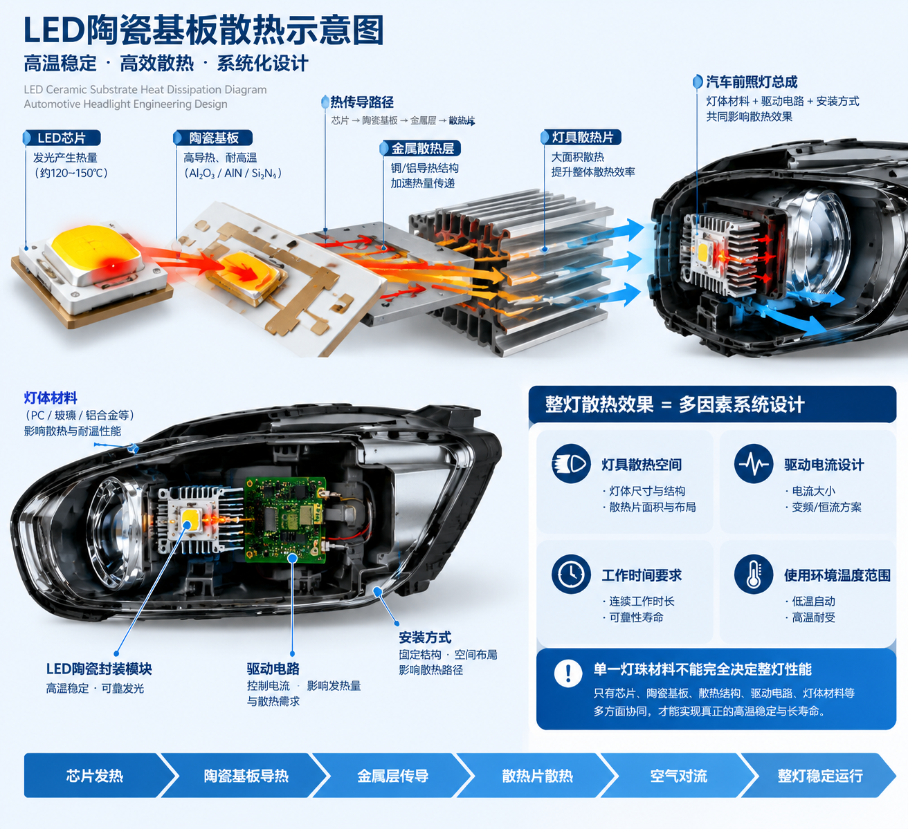 LED陶瓷基板热管理结构拆解图，展示芯片到陶瓷基板再到散热片的热量传递路径，结合汽车前照灯内部模型和选型关注点（散热空间、驱动电流、工作时间、环境温度）