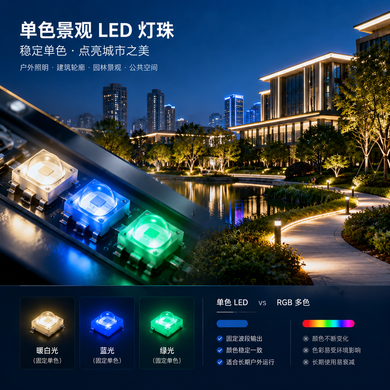 单色景观 LED 灯珠户外照明核心应用场景，左侧近距离展示暖白光、蓝光、绿色光等单色灯珠稳定发光效果，右侧延伸夜晚城市建筑外墙轮廓、园林步道与庭院照明，突出固定波段输出、颜色稳定、长期户外运行的视觉感受，横版真实摄影科技展示风格