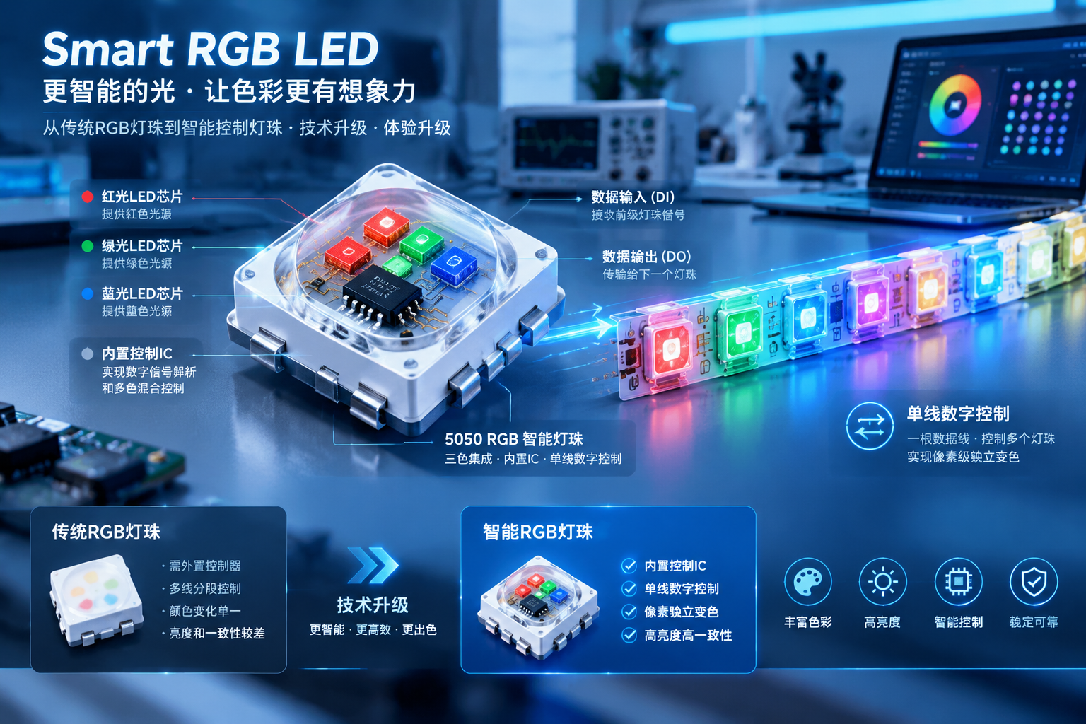 横版科技产品概念图，展示透明封装的5050结构RGB LED灯珠微观拆解，内部清晰呈现红、绿、蓝三色LED芯片、内置控制IC、数据输入与输出接口，旁边连接多颗串联灯珠形成连续光带，背景现代电子实验室环境，突出单线数字控制、多颗像素独立变色的工作特点