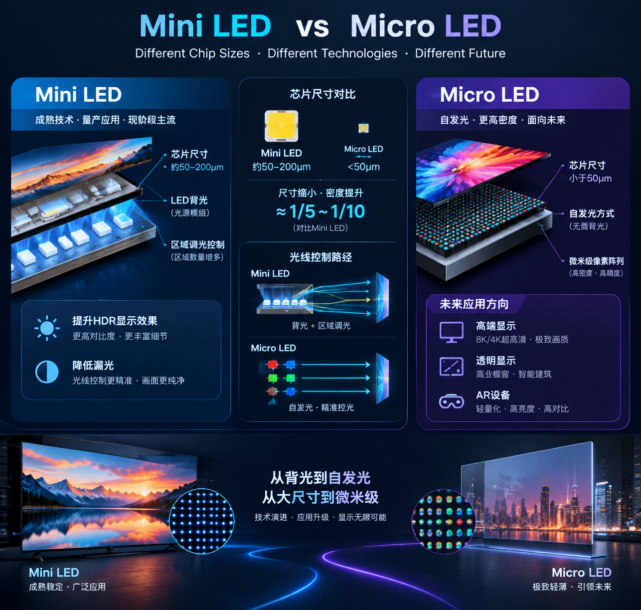 第2张图片详细画面描述：横版技术原理信息图，直观对比Mini LED与Micro LED差异。画面分为左右两部分：左侧展示Mini LED结构剖面，标注约50-200μm芯片尺寸、LED背光、区域调光控制区域增多、提升HDR显示效果和降低漏光；右侧展示Micro LED结构，标注小于50μm芯片尺寸、自发光方式以及未来高端显示、透明显示、AR设备应用方向。中间加入芯片尺寸比例示意和光线控制路径动画效果，背景结合高端显示屏局部特写，突出技术成熟度与应用路线区别。整体为专业科技说明图，横版排版，清晰易读。English note: Mini LED versus Micro LED comparison infographic, horizontal layout.