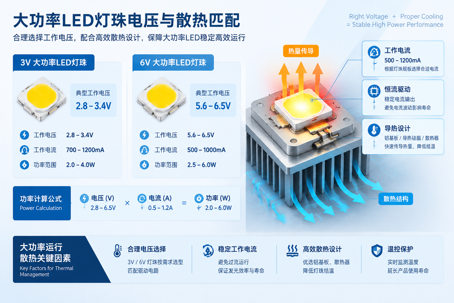 手电筒大功率LED灯珠电压与散热匹配:3V灯珠与6V灯珠对比示意图,电压参数卡片(2.8-3.4V vs 5.6-6.5V)、功率=电压×电流公式展示,以及安装在散热基板上的大功率灯珠热流传导工程图