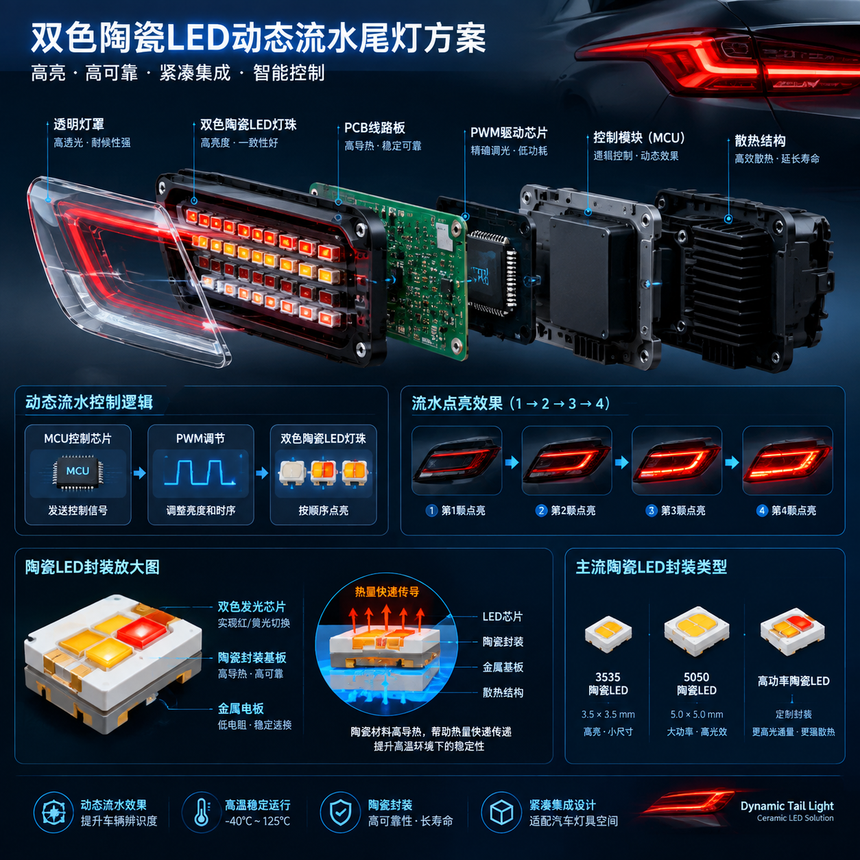 双色陶瓷LED动态流水尾灯方案的核心组成和控制原理技术示意图,展示灯珠排列PCB线路板PWM驱动芯片控制模块及陶瓷封装散热特点
