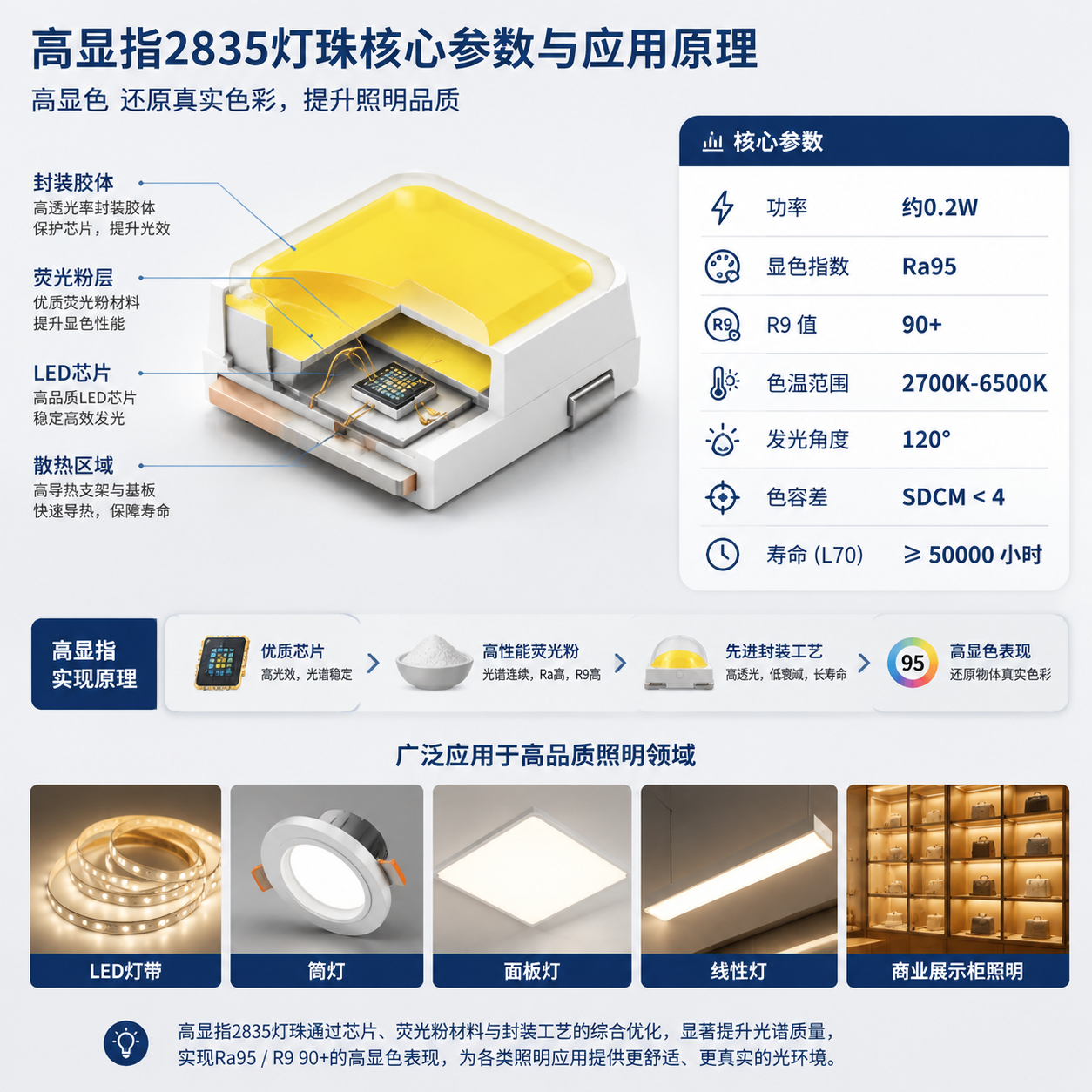 横版技术解析图,高显指2835灯珠核心参数与应用原理:中心LED封装结构剖面(芯片荧光粉层封装胶体散热区域),旁边参数卡片(功率0.2W Ra95 R990+ 色温2700K-6500K 发光角度120° SDCM<4 寿命L70≥50000小时),下方LED灯带筒灯面板灯线性灯商业展示柜缩略图