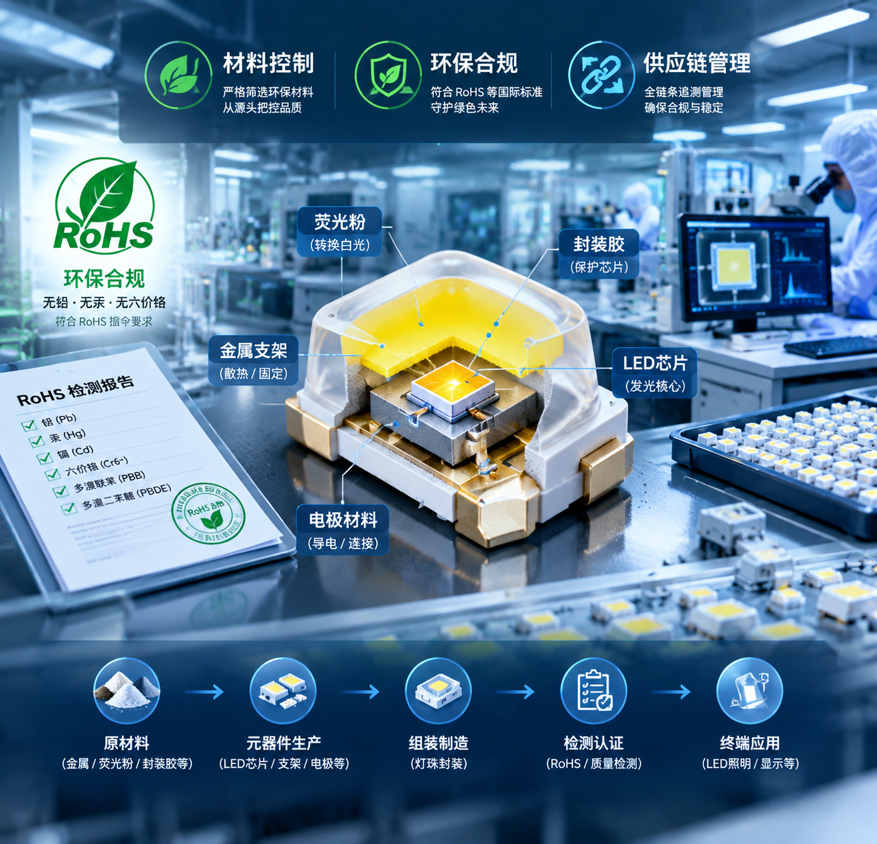 横版科技工业风场景,用于文章开篇展示RoHS认证LED灯珠环保合规主题。画面中心是一颗高精度SMD LED灯珠的微观放大结构,清晰展示LED芯片、金属支架、荧光粉、封装胶、电极材料等内部组成,旁边搭配绿色环保认证检测元素、电子元件供应链流程节点和检测报告文件视觉符号,突出“材料控制、环保合规、供应链管理”三个核心概念。背景为现代化LED生产车间与精密检测实验室融合场景,冷色工业灯光,高清产品摄影与3D结构剖析结合,体现LED灯珠虽然体积小但涉及多种材料控制的重要性。横向构图,适合公众号文章首图,无任何品牌标识。English note: High-tech LED component cross-section with RoHS compliance, material control, and eco certification concept, wide composition.